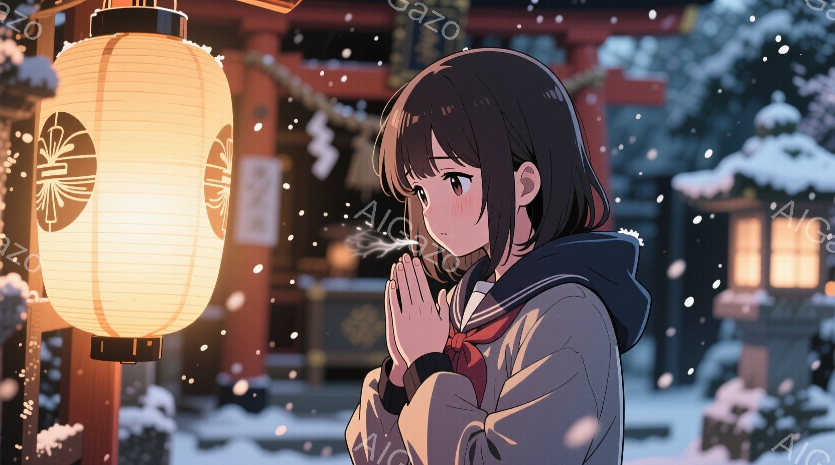 少女は冬の寺院で祈りを捧げており、紺色の制服に白いセーター、赤いスカーフを巻いています。彼女は短い黒髪で、顔を合わせて両手を合わせ、少し頬を赤らめています。背景には雪が降り積もり、伝統的な寺院の建物と灯籠が暖かく光を放ち、厳かで静かな雰囲気を醸し出しています。