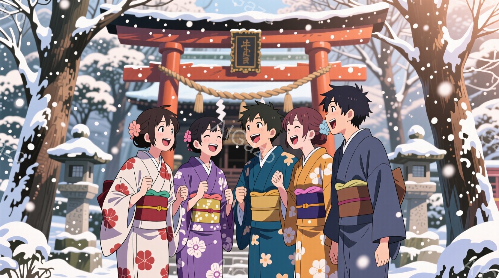 雪が降る中、色鮮やかな着物を着た５人の若者が並んでいます。彼らは皆、笑顔で両手を挙げ、喜びを表現しています。背景には赤い鳥居と雪で覆われた木々が見え、お祝いと冬の静けさが感じられる、華やかで温かい雰囲気です。