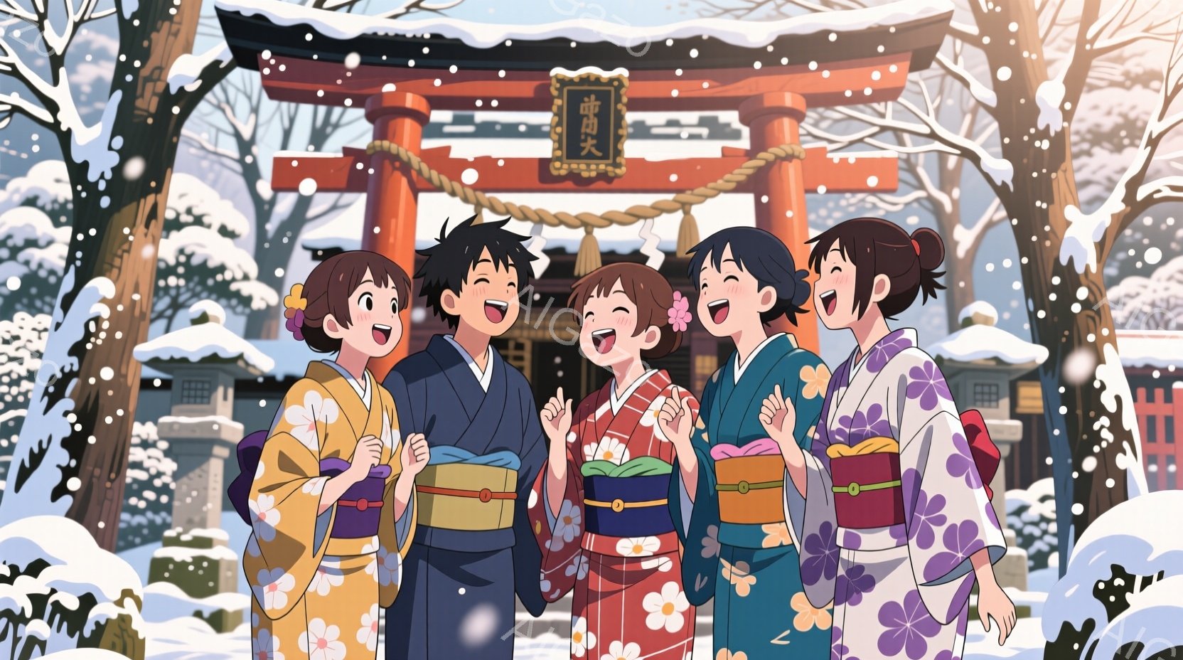 雪が舞う中で、着物を着た5人の若い男女が笑顔で並んでいます。女性たちは明るいオレンジや紫の華やかな着物を着ており、髪は肩までの長さで、明るく元気な表情をしています。背景には雪景色の中に赤い鳥居が見え、冬の祭りのようなお祝いの雰囲気が漂っています。