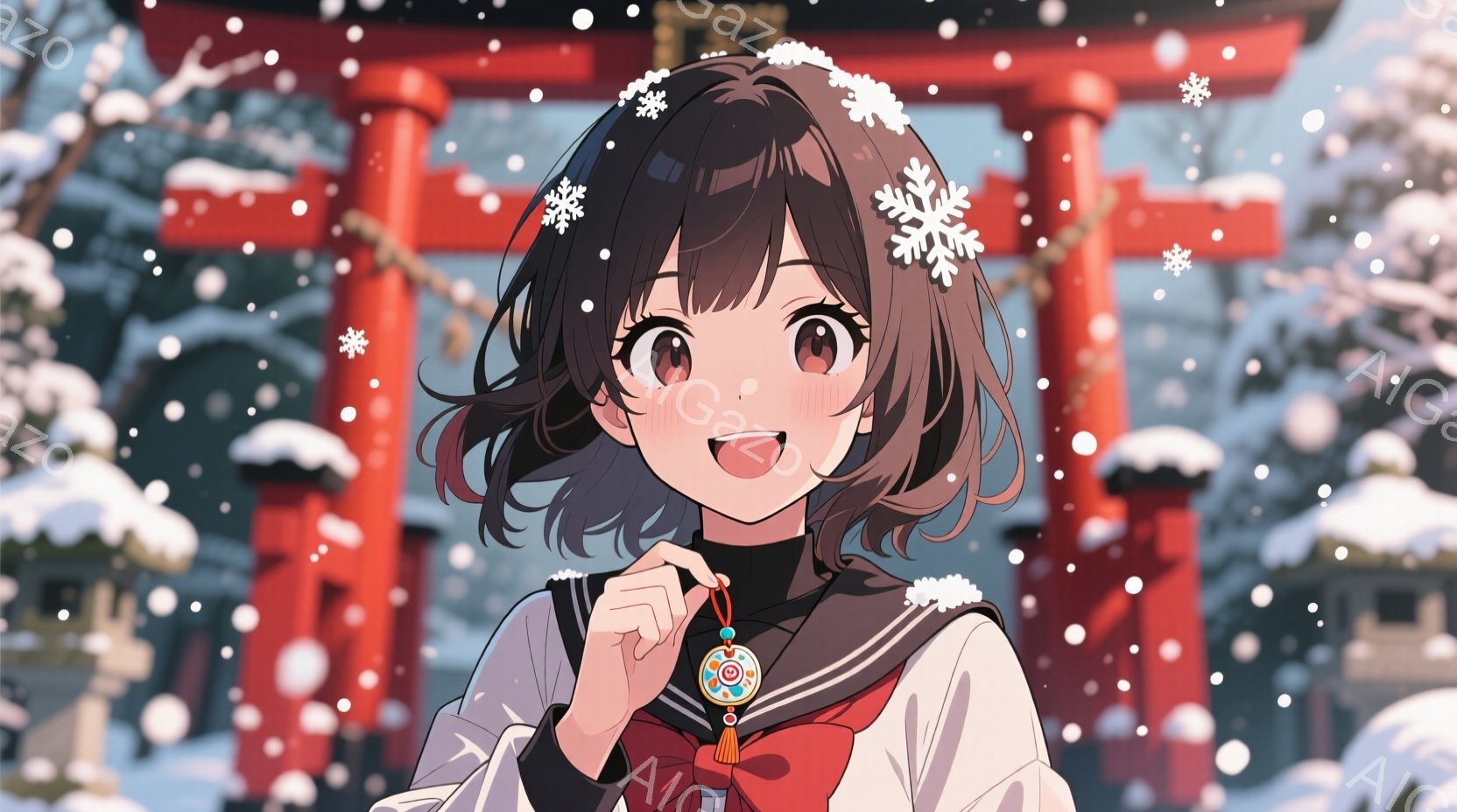 短い茶色の巻き毛に白い花飾りをつけた少女が描かれています。彼女はセーラー服を着ており、片手に青いお守りをかけて楽しそうに微笑んでいます。背景には雪が舞い散る中、朱色の鳥居が立っており、冬の落ち着いた雰囲気を醸し出しています。