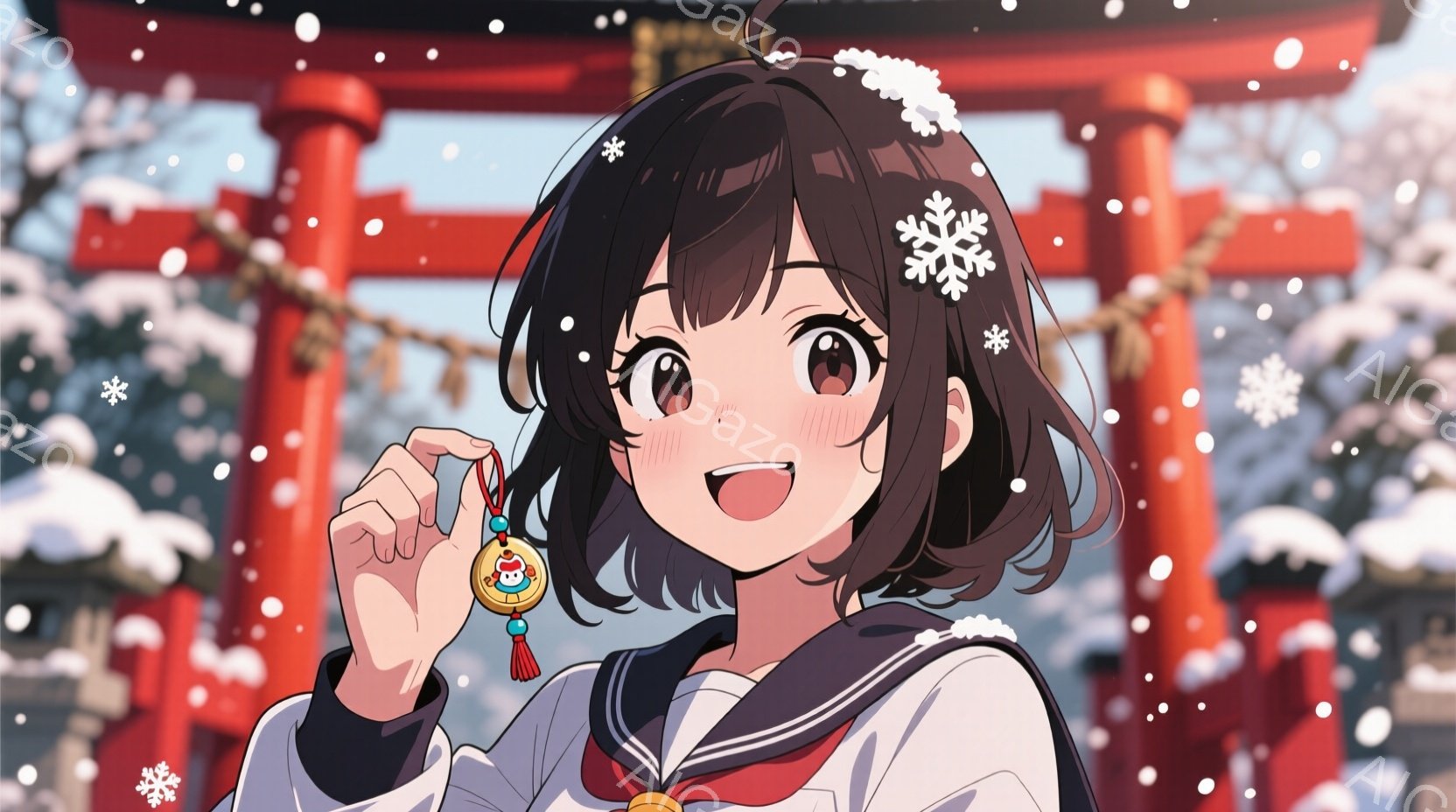 黒髪の短いウェーブヘアの少女が、赤い祓魔（はらいま）のお守りを手に微笑んでいます。彼女は白いセーラー服を着ており、首元には赤いスカーフが巻かれています。背景には雪が舞う中、朱色の鳥居が並び、冬の日本の - AI生成フリー素材