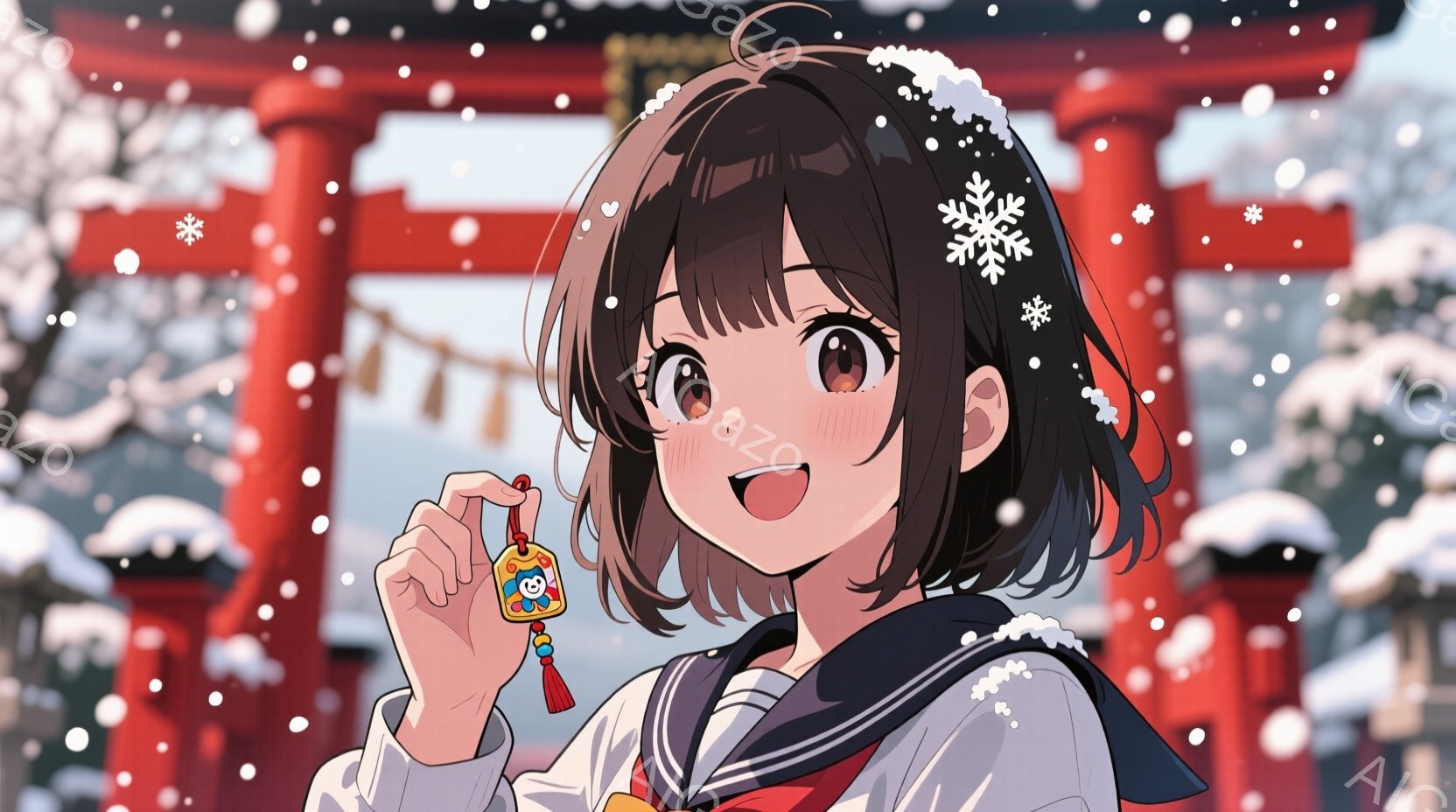 短い茶色の髪を持つ若い女性が描かれており、笑顔で小さな飾り物（お守り）を手に持っています。彼女は白いセーターに紺色のブレザー、赤いマフラーを身に着けており、冬の装いです。背景には雪が降る中、赤い鳥居が並び、お正月や冬の祭りの雰囲気が漂っています。