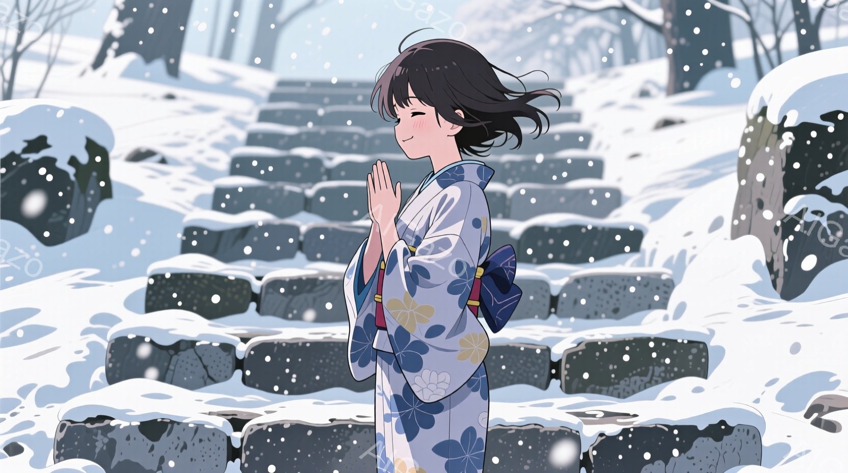 雪景色の中で階段に立つ少女が描かれています。少女は、青い花柄の着物を着ており、髪は肩までの長さで、風になびいています。彼女は両手を合わせて祈るような姿勢で、穏やかな微笑みを浮かべており、全体的に静かで優しい雰囲気が漂っています。