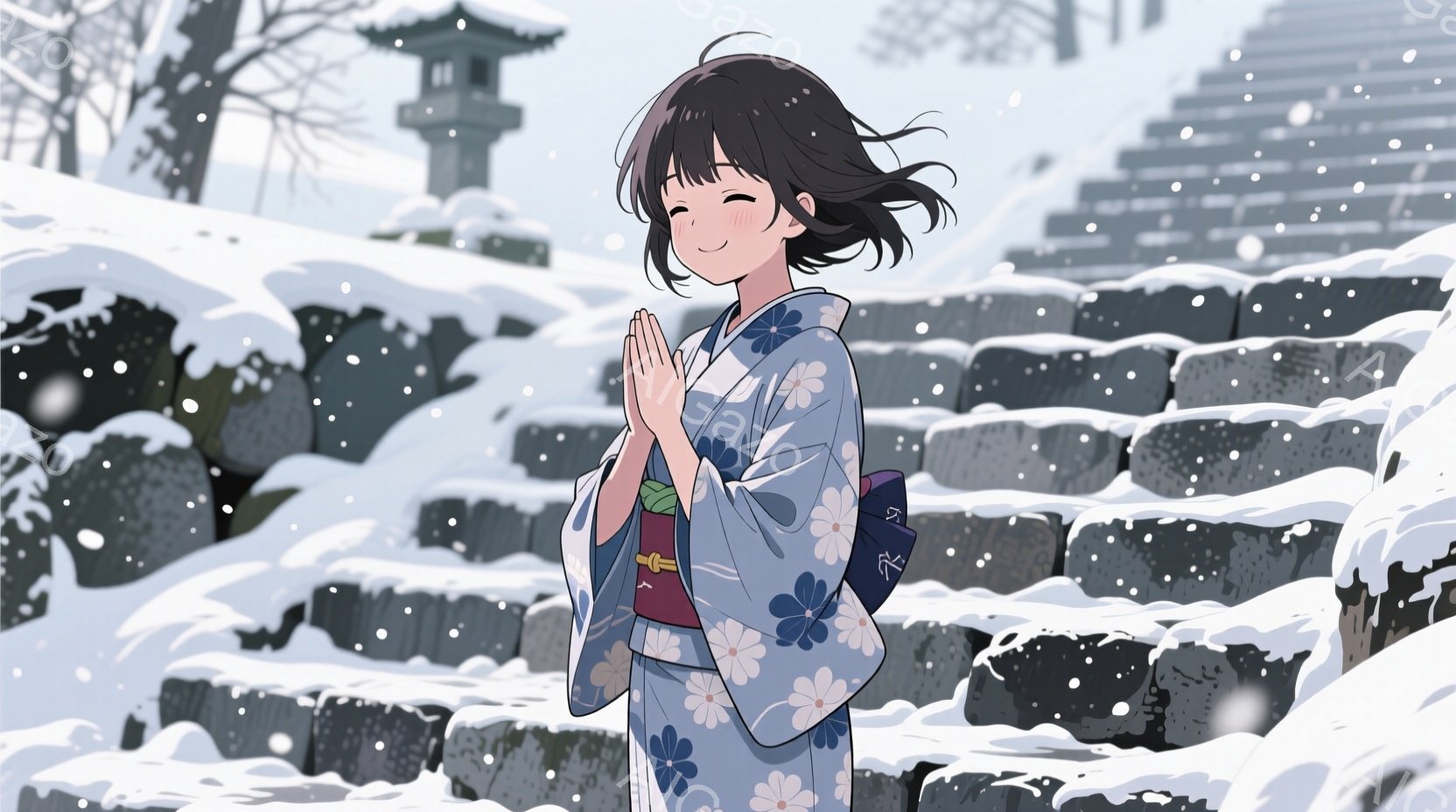 雪景色の中に、着物を着た若い女性が描かれています。彼女は深い青色の花柄の着物と赤い帯を身に着け、両手を合わせて祈るようなポーズをとっています。背景には石段と寺院の一部が見え、雪が舞い散る冬の静寂な雰囲気を醸し出しています。