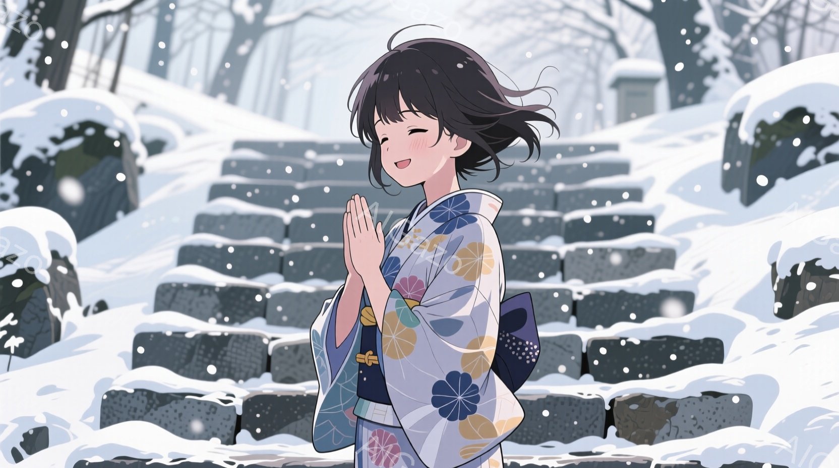 雪が降る中で、着物を着た少女が石段で両手を合わせて祈っています。彼女は黒髪で、笑顔で、明るい色の花柄の着物と濃い色のバッグを身に着けています。背景は雪に覆われた木々や建物で、静かで幻想的な雰囲気を醸し出しています。