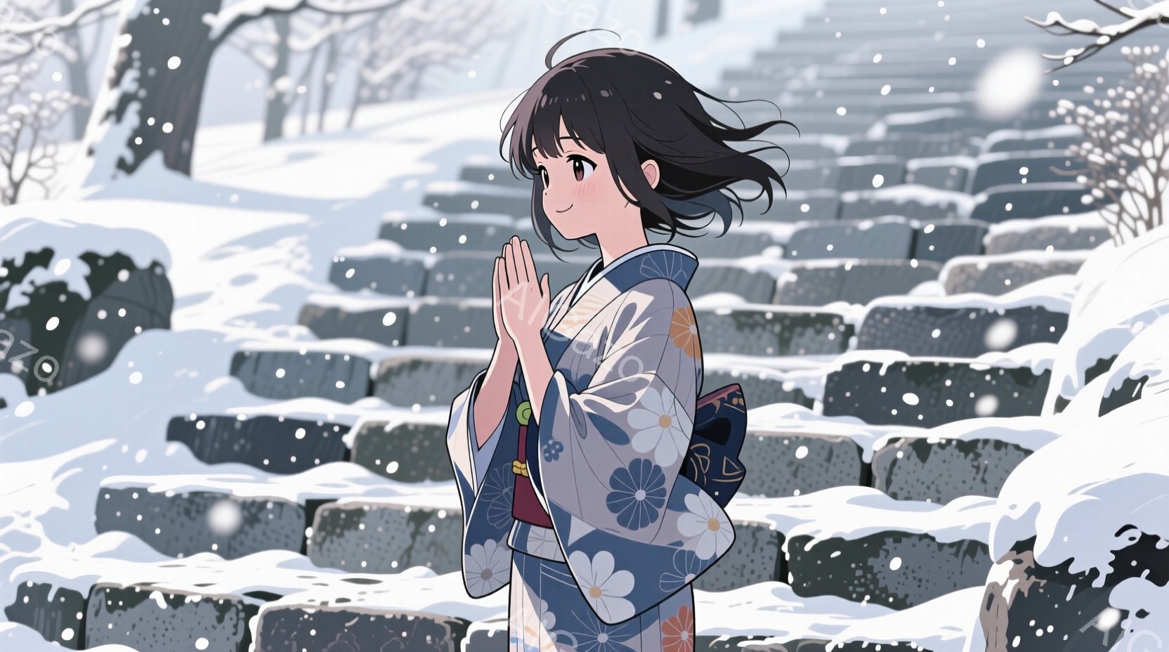 雪景色の中、青い着物を着た少女が描かれています。彼女は両手を合わせて祈っているような仕草をしており、表情は穏やかで優しいです。背景には石段と雪に覆われた木々が見え、静かで幻想的な雰囲気を醸し出しています。