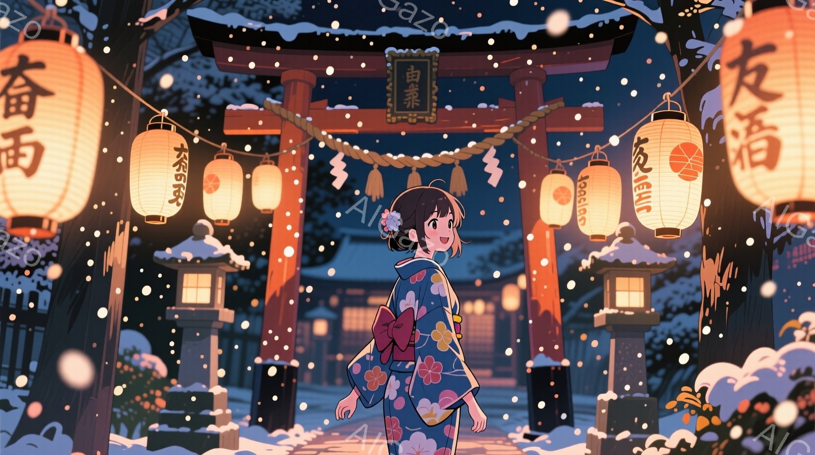 雪が降る夜の街並みで、着物を着た少女が立っている。彼女は黒髪を後ろで結い、ピンクと緑の可愛らしい着物を着ており、少し微笑んでいるように見える。背景には提灯が灯り、伝統的な建物と雪景色が広がり、温かく幻想的な雰囲気を醸し出している。