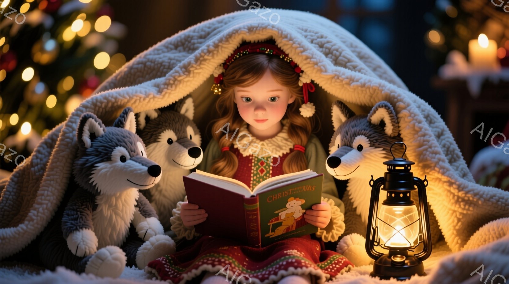 少女は毛皮で覆われたブランケットに包まれ、毛並みの良い大きな狼のぬいぐるみ2匹に挟まれながら本を読んでいる。彼女は赤い髪をリボンでまとめ、緑のセーターと赤い模様のドレスを着ており、集中して本に視線を落としている。背景にはぼやけたクリスマスツリーの光がちらつき、隣には点灯したランタンが暖かく照らし出し、穏やかで幻想的な雰囲気を醸し出している。