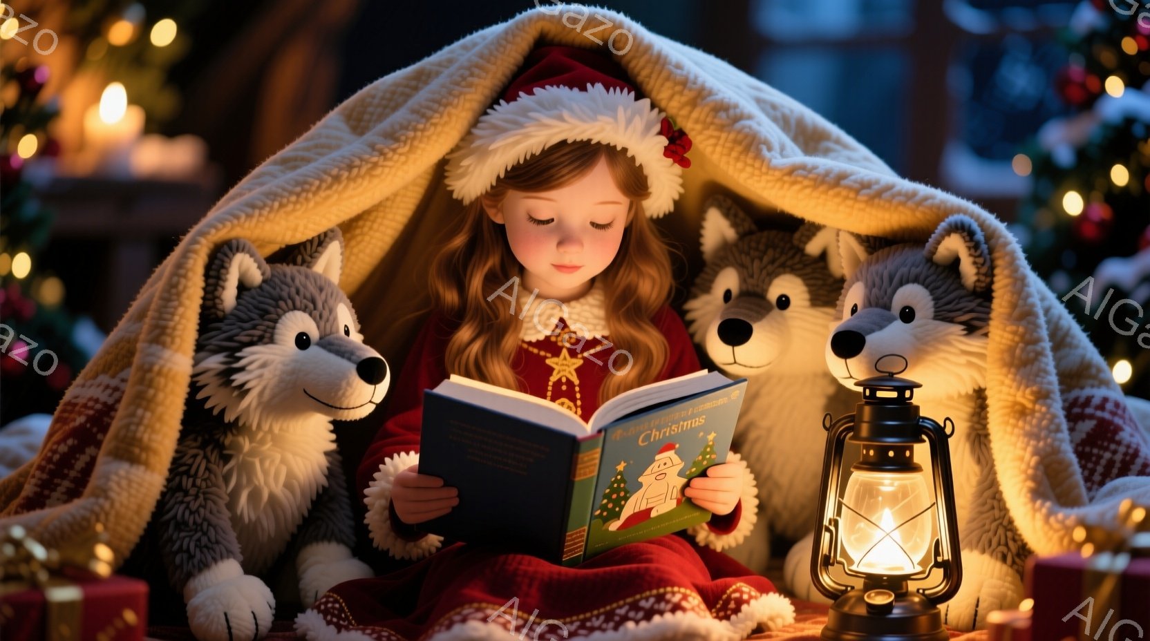小さな女の子が赤いドレスとサンタ帽を身につけ、大きな毛布にくるまって本を読んでいます。彼女は膝を抱え、集中した表情で絵本を見つめており、周りにはふわふわの狼のぬいぐるみたちが寄り添っています。背景にはクリスマスツリーの光がぼんやりと見え、ランプの暖かな光が彼女を照らし、穏やかで夢のような雰囲気が漂っています。