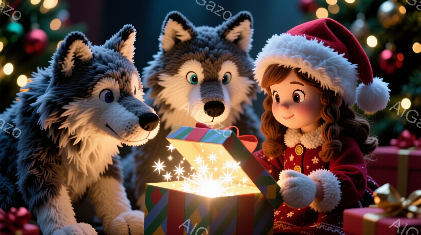 茶色の巻き毛をした少女が赤い帽子とセーターを着て、緑と紫色のリボンで飾られた開いたギフトボックスを見つめています。二匹の毛むくじゃらのハスキー犬が彼女の隣に座って、好奇心を持ってボックスを見つめており - AI生成フリー素材