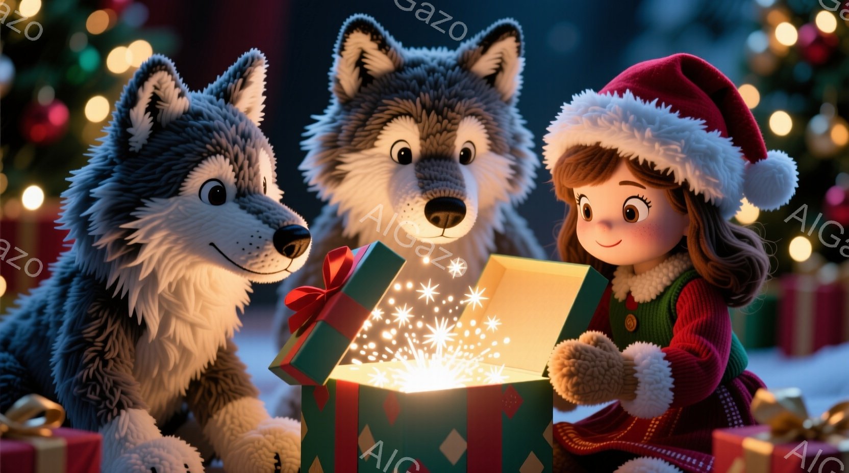小さな女の子が赤いサンタの帽子をかぶり、緑と赤のセーターを着て、開いたギフトボックスを覗き込んでいます。2匹のシベリアンハスキーが彼女の横に座り、好奇心いっぱいの表情でギフトボックスを見ています。背景には、ぼやけたクリスマスツリーの光と雪景色が見え、温かく幻想的なクリスマスの雰囲気を醸し出しています。