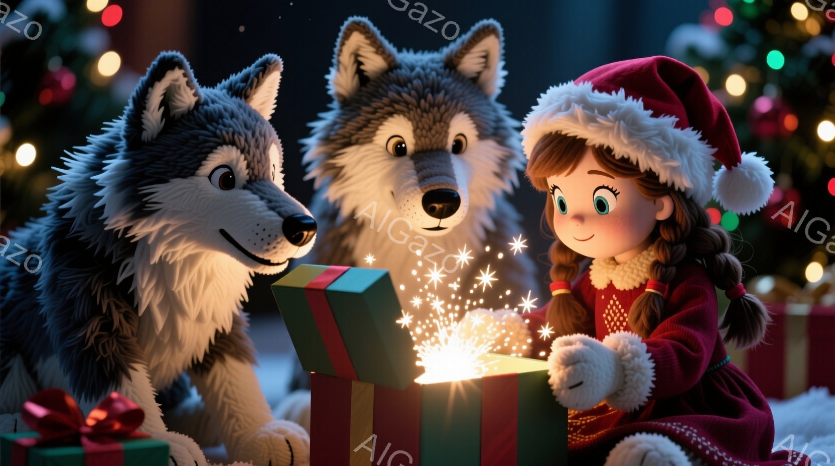 少女は赤いクリスマス衣装を着て、頭にはポンポンがついた帽子をかぶっており、緑色のプレゼントボックスを開けています。箱からはきらめく光が溢れ出し、彼女は驚いた表情でそれを見ています。背景には、2匹の灰色と黒のオオカミが寄り添い、ぼやけたクリスマスツリーの光が温かい雰囲気を醸し出しています。