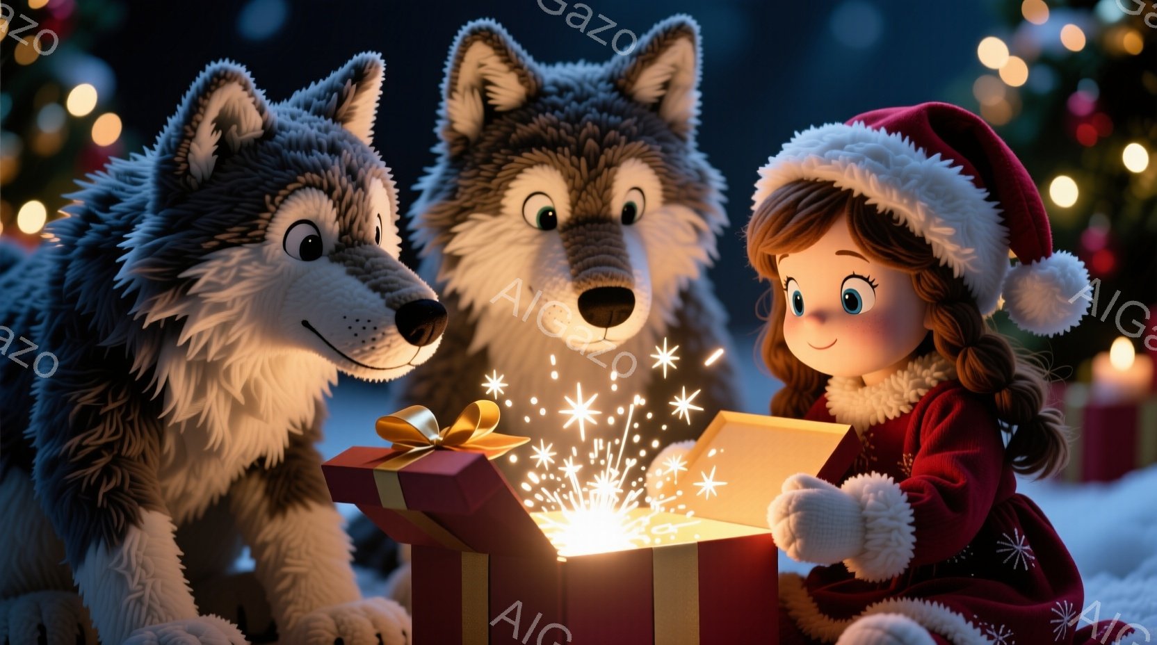 赤い帽子をかぶった少女が、開いたプレゼントの箱を覗き込んでおり、箱からはキラキラとした光が溢れ出している。二匹の大きな狼が少女の横に寄り添い、興味深そうに箱を見つめている。背景には雪景色が広がり、ぼんやりと光るクリスマスツリーが暖かく、魔法のような雰囲気を醸し出している。