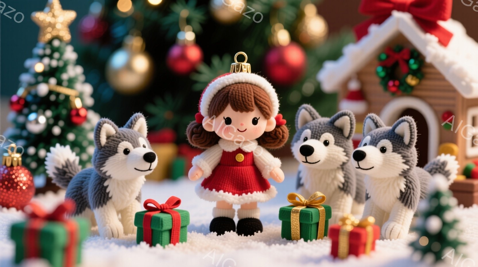 暖炉のような建物と雪景色を背景に、赤いニットのセーターと帽子を身につけた女の子が、2匹のシベリアンハスキーに囲まれて立っています。彼女は微笑んでおり、足元には緑と赤のリボンで飾られたプレゼントがいくつ - AI生成フリー素材