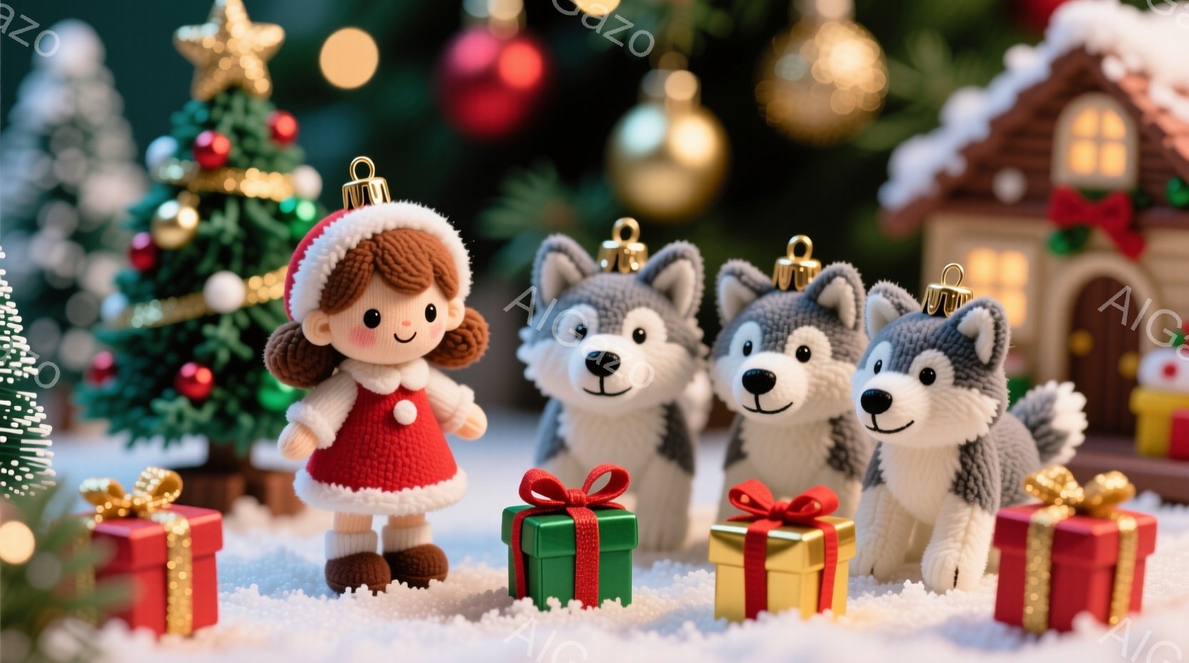 茶色の巻き毛に赤い帽子をかぶった女の子が、赤いセーターと茶色のブーツを着て、雪の上に立っています。彼女の前には、赤いリボンのかかった緑と赤のプレゼントボックスがいくつか並び、その横にはふわふわのシベリアンハスキーが３匹います。背景には、クリスマスツリーや雪に覆われた小さな家があり、全体的に暖かく、お祝いの雰囲気が漂っています。