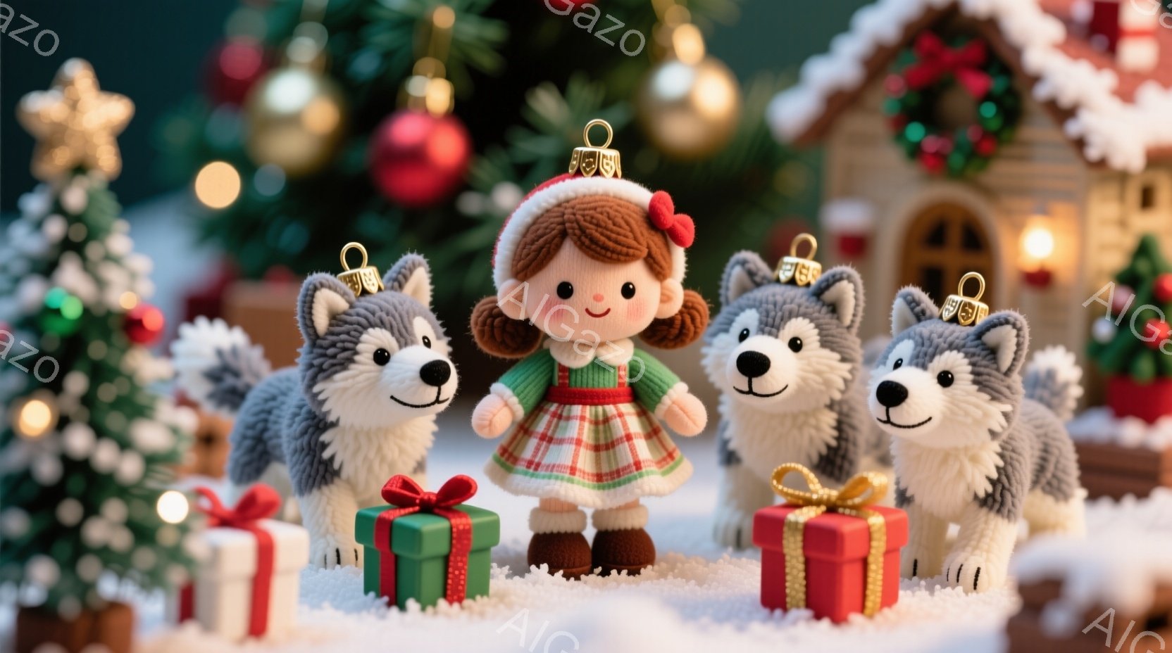 赤毛の少女が、毛糸で作られたようなシベリアンハスキー二匹に囲まれて立っています。少女は赤い帽子をかぶり、緑と赤のチェック柄のワンピースを着て、茶色の靴を履いています。背景には雪景色の中に小さな家やクリスマスツリーが飾られ、プレゼントの箱が置かれており、温かく幸せなクリスマスの雰囲気が漂っています。