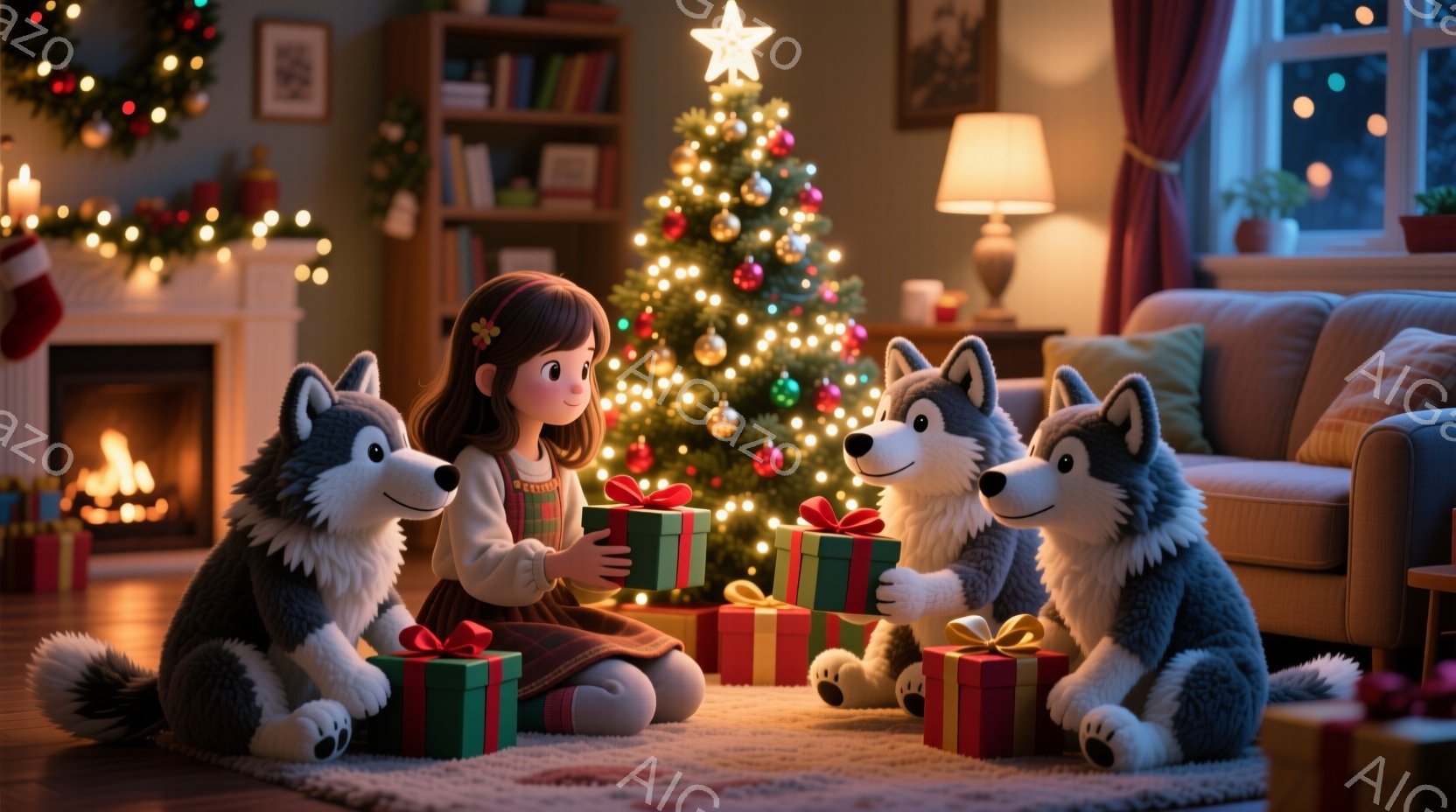 一人の少女がクリスマスツリーの前に座り、プレゼントの包まれた箱を抱えています。彼女は赤いリボンで結ばれた、緑と白のチェック柄のワンピースを着ており、髪には黄色い花飾りをつけています。背景には暖炉、クリスマスツリー、そして2匹のぬいぐるみのようなハスキー犬がいて、温かく、お祝いムードにあふれています。