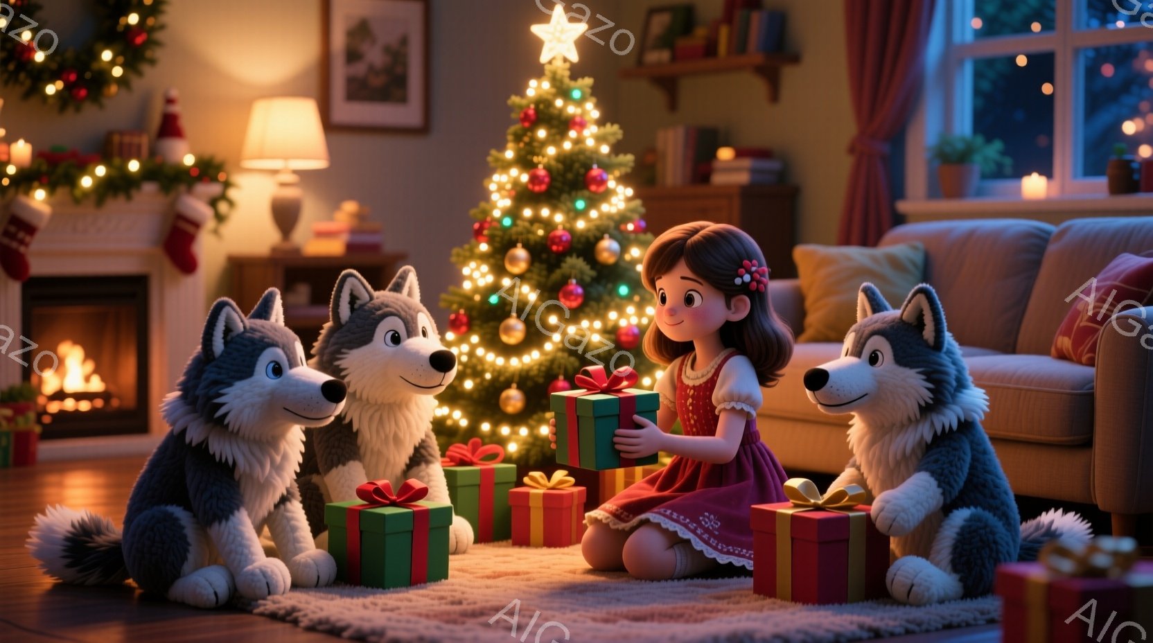 少女はピンク色のドレスを着て、茶色の髪を後ろで結んでいます。彼女は床に座り、ラッピングされたプレゼントを両手で抱え、嬉しそうに微笑んでいます。背景には、飾り付けられたクリスマスツリー、暖炉、そして2匹の愛らしいシベリアンハスキーが座っている、暖かく居心地の良いリビングルームが広がっています。