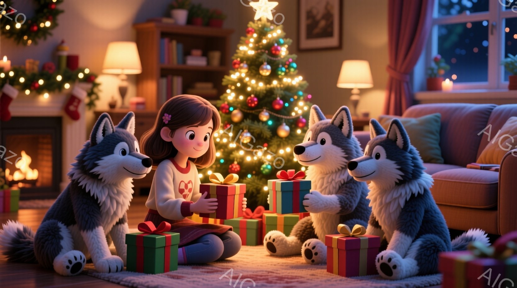 クリスマスツリーの周りにプレゼントが置かれ、少女が両脇に座る2匹のハスキー犬にプレゼントを渡しています。少女は茶色の髪にピンクの花飾りをつけ、白いセーターに赤いスカートを着用しており、笑顔で犬たちを見つめています。暖炉の火が灯り、窓の外は夜空で、全体的に温かく、幸せなクリスマスの雰囲気が漂っています。