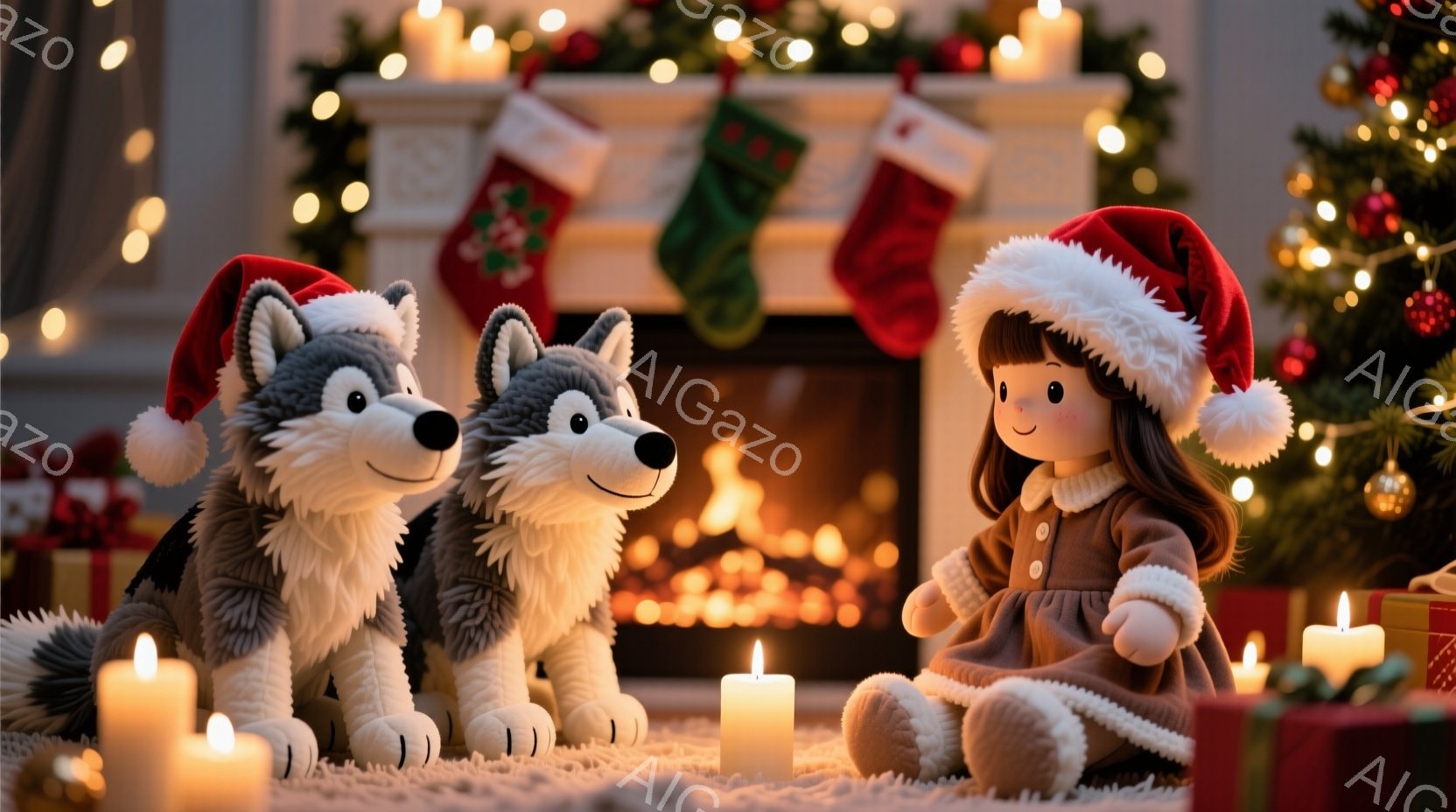 クリスマスを祝う少女と2匹の犬が描かれています。少女は茶色のワンピースを着ており、クリスマスの帽子をかぶり、優しい微笑みを浮かべて座っています。背景には暖炉、クリスマスツリー、プレゼント、そして光るキャンドルが配置され、温かく穏やかなクリスマスの雰囲気を醸し出しています。