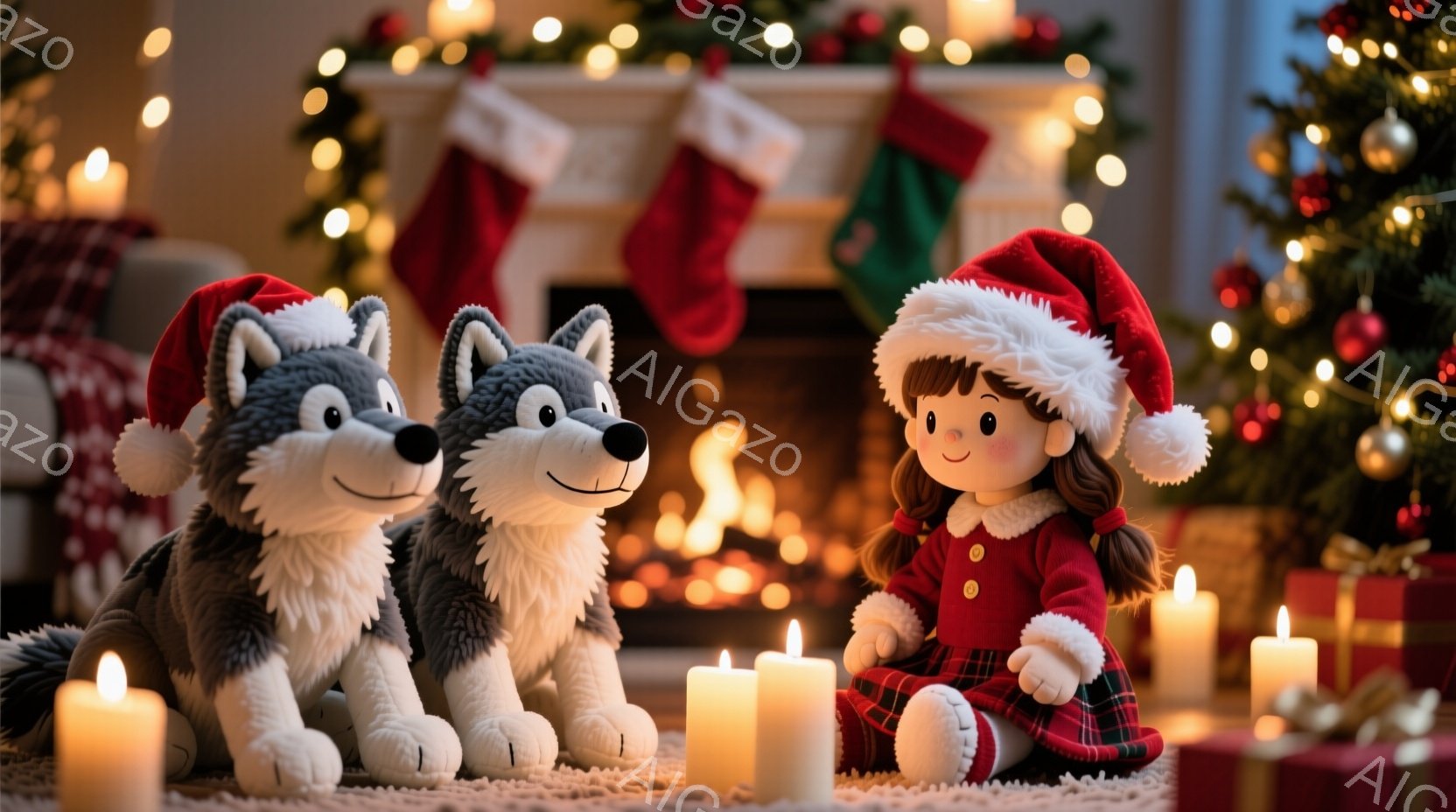 暖炉の前には、赤い帽子をかぶった2匹のふわふわのオオカミのぬいぐるみと、同じく赤い帽子をかぶり、赤いドレスとチェック柄のスカートを着た女の子の人形が座っています。周囲にはキャンドルが灯され、背景にはク - AI生成フリー素材