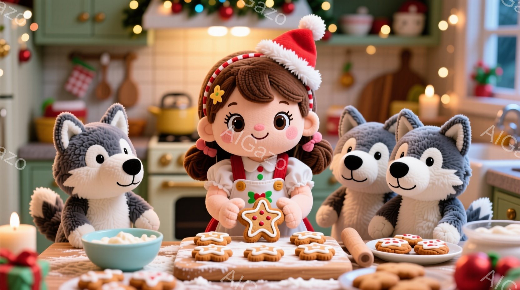 温かい雰囲気のキッチンで、赤いサンタ帽をかぶった少女がクッキーをデコレーションしています。彼女は白いエプロンを着ており、笑顔で集中してクッキーにアイシングを塗っています。背景には、クリスマスの飾り付けが施された暖炉や窓があり、可愛らしいハスキー犬2匹が彼女の周りを囲み、温かく楽しいクリスマスの雰囲気が漂っています。