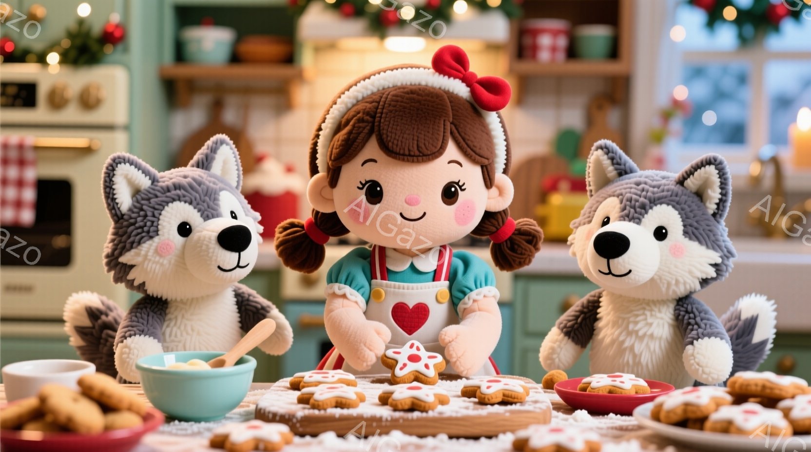 あたたかいキッチンで、エプロン姿の女の子がクリスマスツリーの形をしたクッキーをデコレーションしています。彼女は赤いリボンで結んだ茶色の髪をしており、笑顔で楽しそうに作業しています。背景には、ふたりの可愛らしいハスキー犬がおり、まるで手伝っているかのようにクッキーの準備を手伝っています。