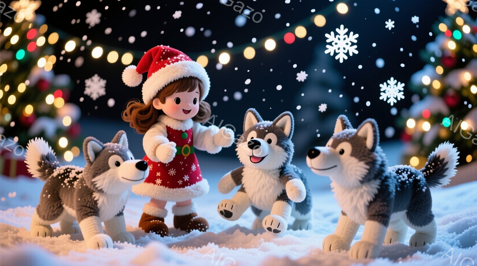 雪景色の中で、赤いサンタ帽をかぶった少女が、可愛らしいシベリアンハスキー３匹に囲まれています。少女はピンク色のコートに茶色のブーツを履き、笑顔で手を広げており、ハスキーたちは嬉しそうに駆け寄っています - AI生成フリー素材