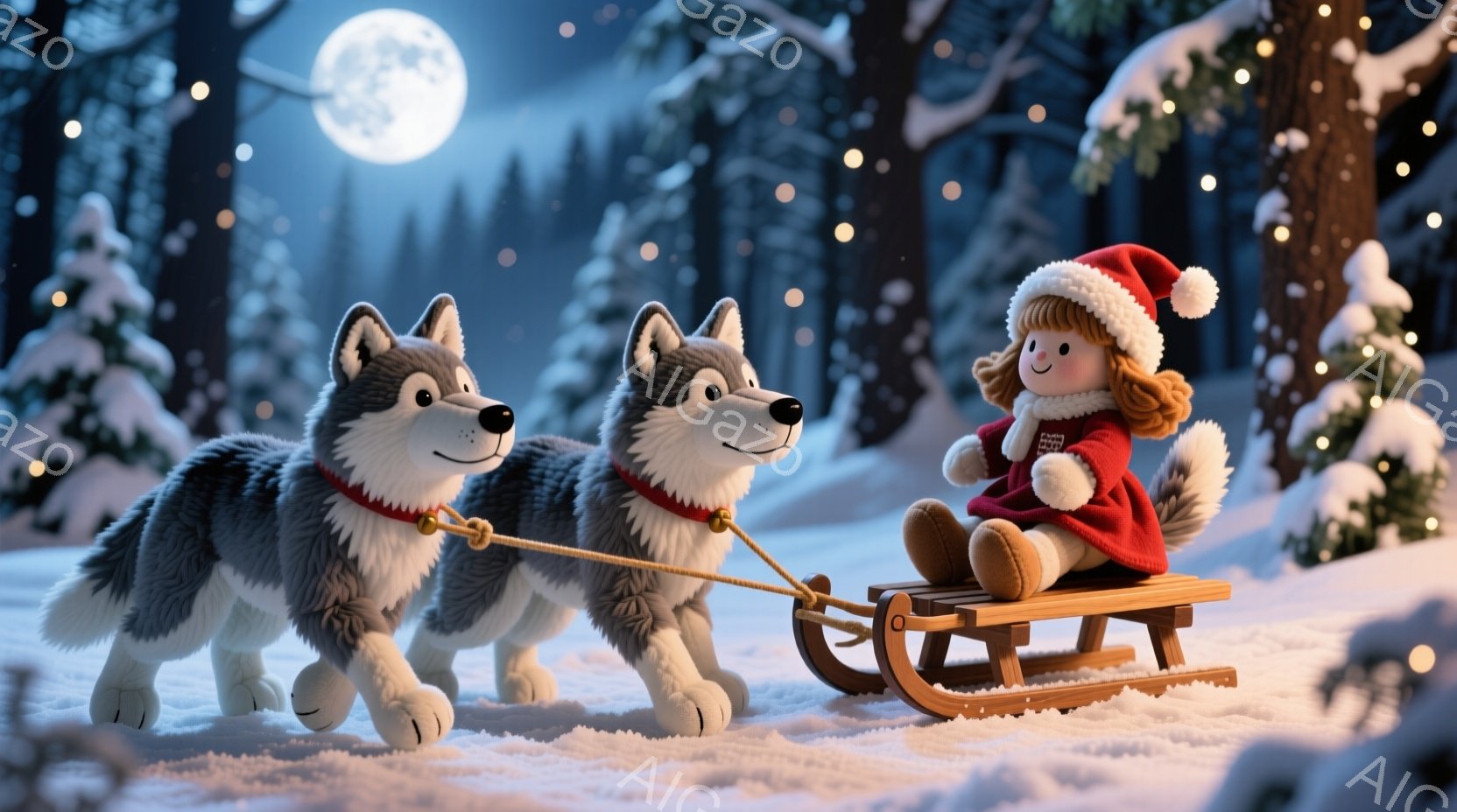 雪景色の中、2匹のシベリアンハスキーがそりを引いて少女を運びます。少女は赤いコートと帽子を身につけ、明るい笑顔を浮かべて座っています。背景には雪に覆われた木々が立ち並び、月明かりが降り注ぎ、幻想的な冬の雰囲気を醸し出しています。