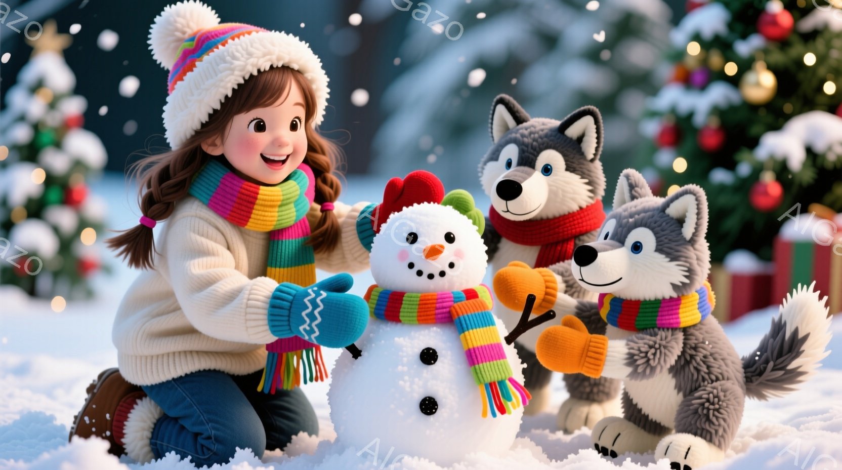 雪景色の中で、少女が手作りの雪だるまと一緒に膝をついて微笑んでいます。彼女は毛糸の帽子、カラフルなマフラー、セーターを着ており、雪だるまにも同じマフラーを巻いています。背景にはクリスマスツリーやプレゼント箱が見え、暖かくお祝いムードに満ちています。