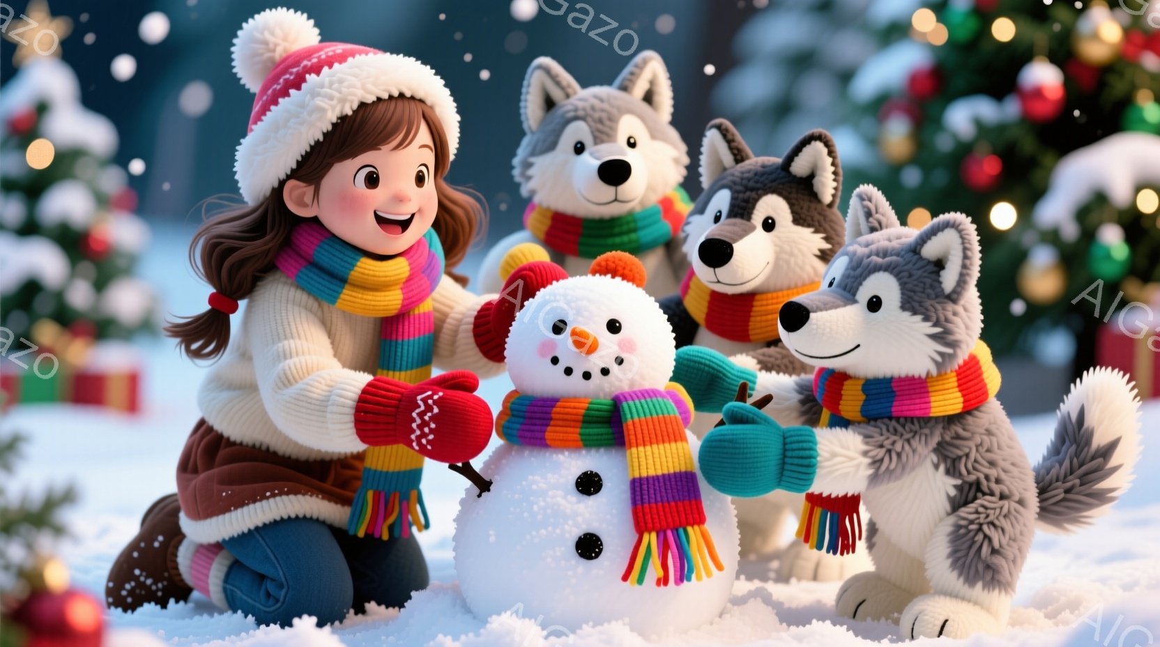 雪景色の中で、赤い帽子とセーターを着た女の子が、カラフルなマフラーを巻いた雪だるまと2匹のシベリアンハスキーと一緒にいます。彼女は笑顔で雪だるまに腕を差し伸べ、ハスキーたちは雪だるまの周りに寄り添っています。背景にはクリスマスツリーとプレゼントの箱が見え、全体的に温かく、お祝いムード満点の雰囲気です。