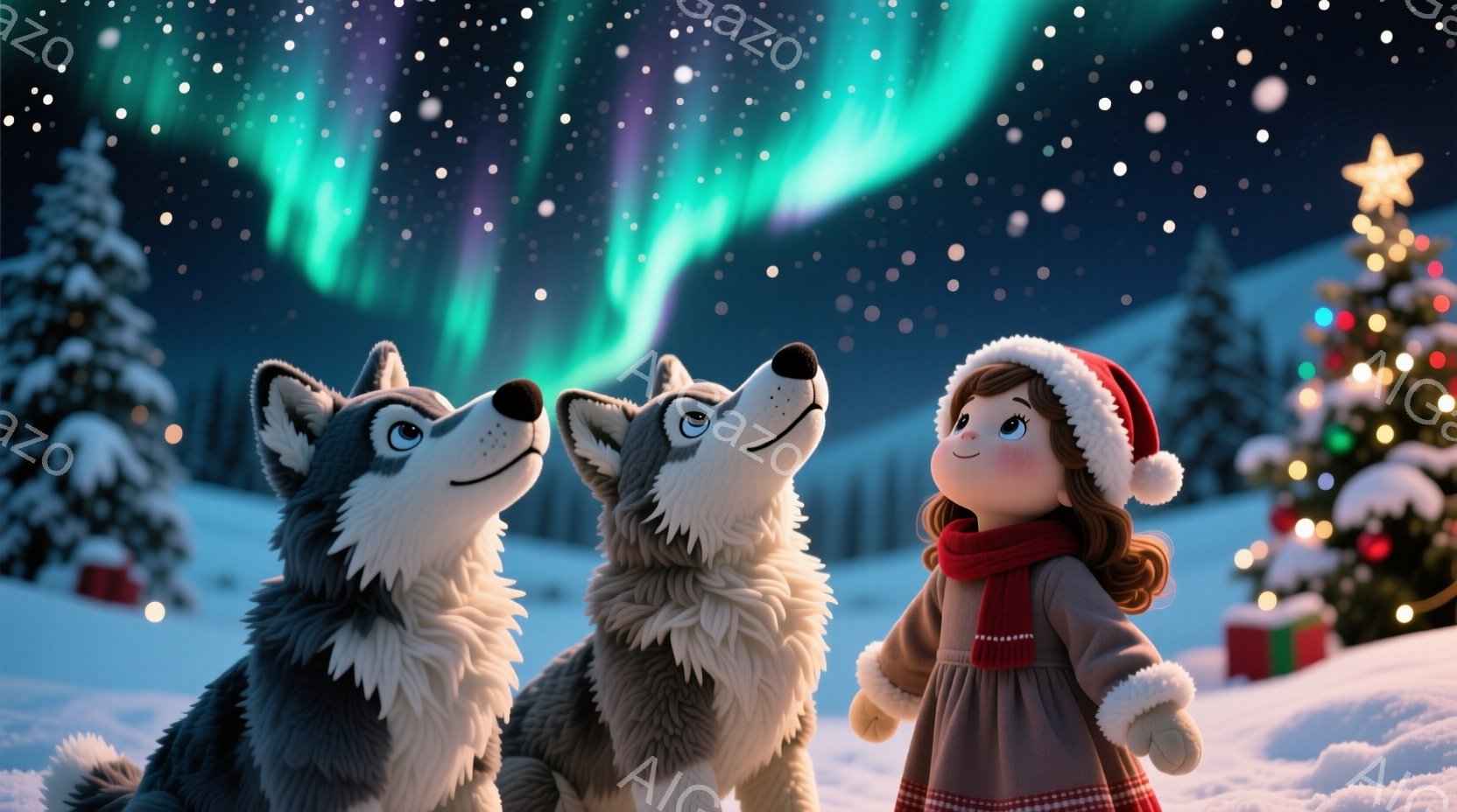 雪景色の中に、サンタ帽をかぶった茶色の髪の少女が、2匹のシベリアンハスキーと向かい合っている。少女は赤いマフラーとチェック柄のワンピースを着ており、ハスキー達を見上げている様子は温かく穏やかな印象を与える。背景にはクリスマスツリーとプレゼントの箱があり、夜空にはオーロラが輝き、幻想的な冬の雰囲気を醸し出している。