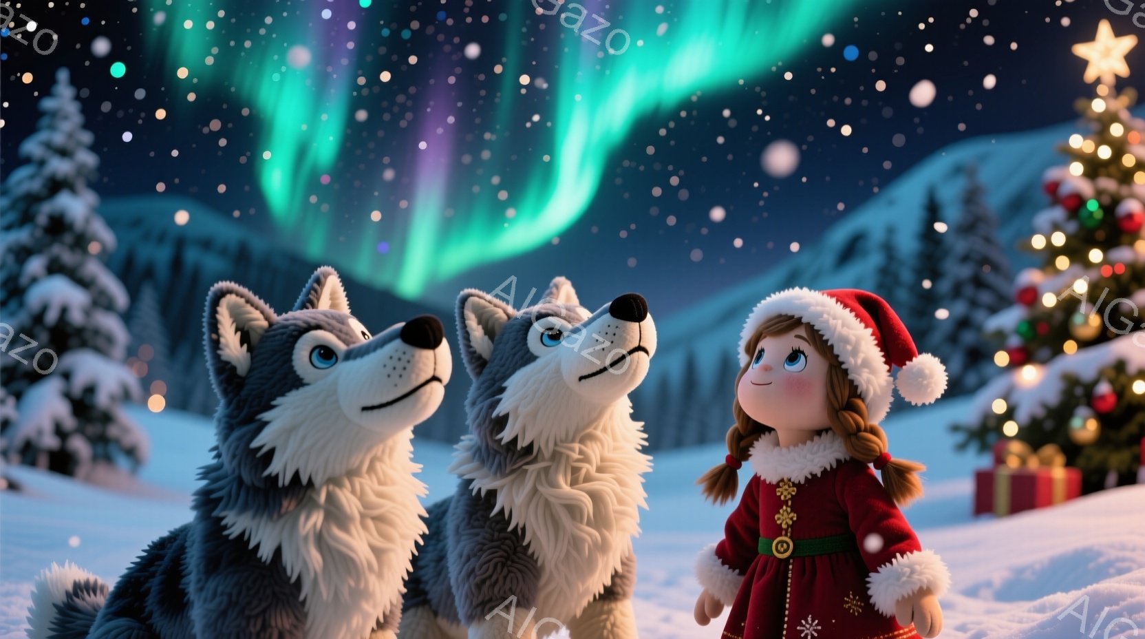 雪景色の中に、赤いコートと帽子を被った少女と、2匹のシベリアンハスキーが立っている。少女は微笑んでハスキーを見上げ、ハスキーたちは少女を見つめ返している。背景には雪に覆われた山々と、オーロラが輝き、ク - AI生成フリー素材