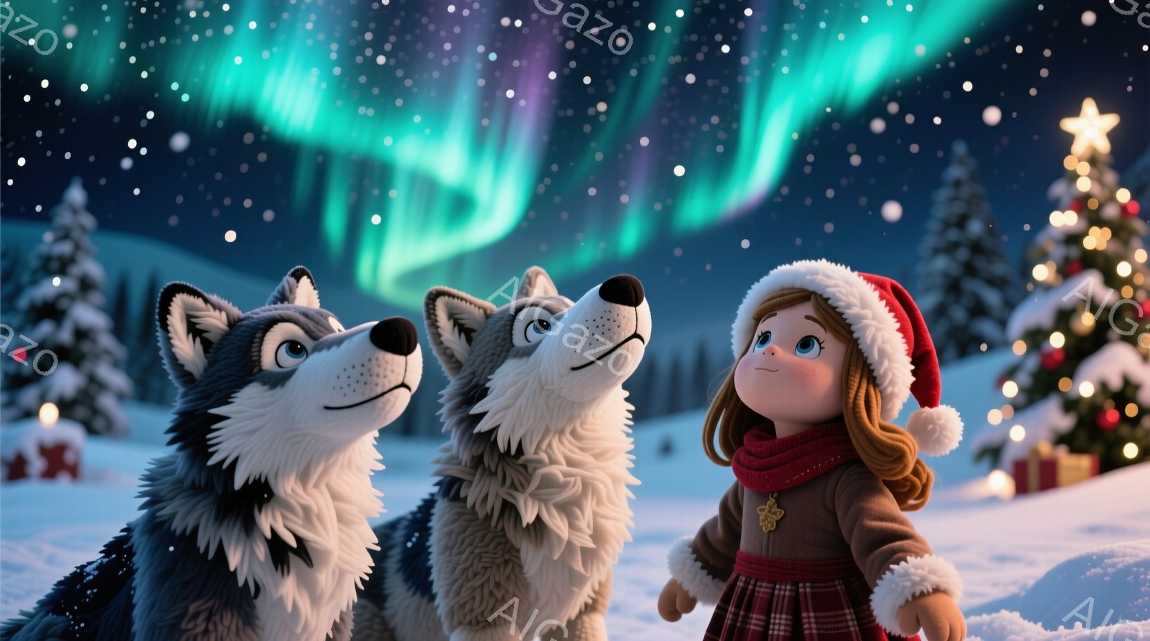 雪景色の中に、少女と2匹のシベリアンハスキーが描かれています。少女は赤い帽子と茶色のコートを着ており、赤いチェックのスカートを履いています。背景には雪に覆われた木々と、オーロラが輝き、クリスマスの飾り付けが散りばめられた、暖かく幻想的な雰囲気が漂っています。