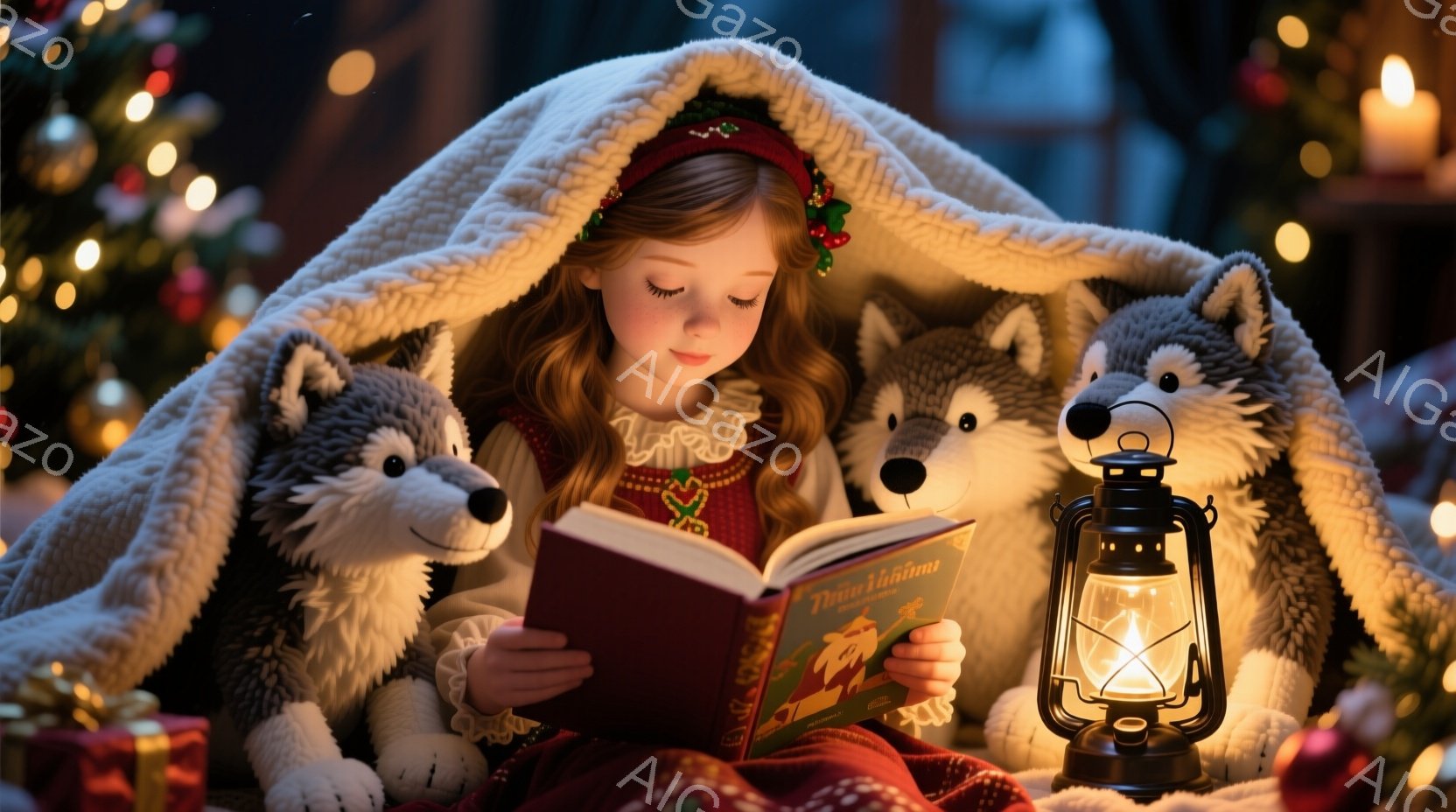 少女は、クリスマスの飾り付けられた部屋で、毛皮のようなブランケットに包まれ、本を読んでいます。彼女は赤いヘアバンドで髪を結い、赤いセーターを着ています。背景には、点滅するクリスマスツリー、プレゼント、そしてぬいぐるみ（狼）があり、暖かく、居心地の良い雰囲気を醸し出しています。