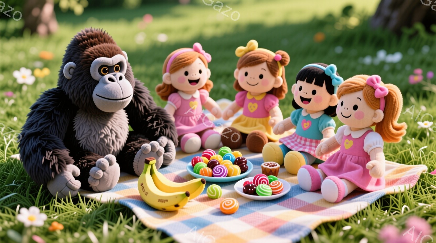 濃い茶色の大きなゴリラが、ピクニックシートの隣に座っています。シートの上には、カラフルなキャンディーやクッキー、バナナが並び、3人の可愛らしい女の子の人形が座って楽しんでいます。背景は緑豊かな草地で、ところどころに花が咲き、全体的に明るく楽しい雰囲気です。