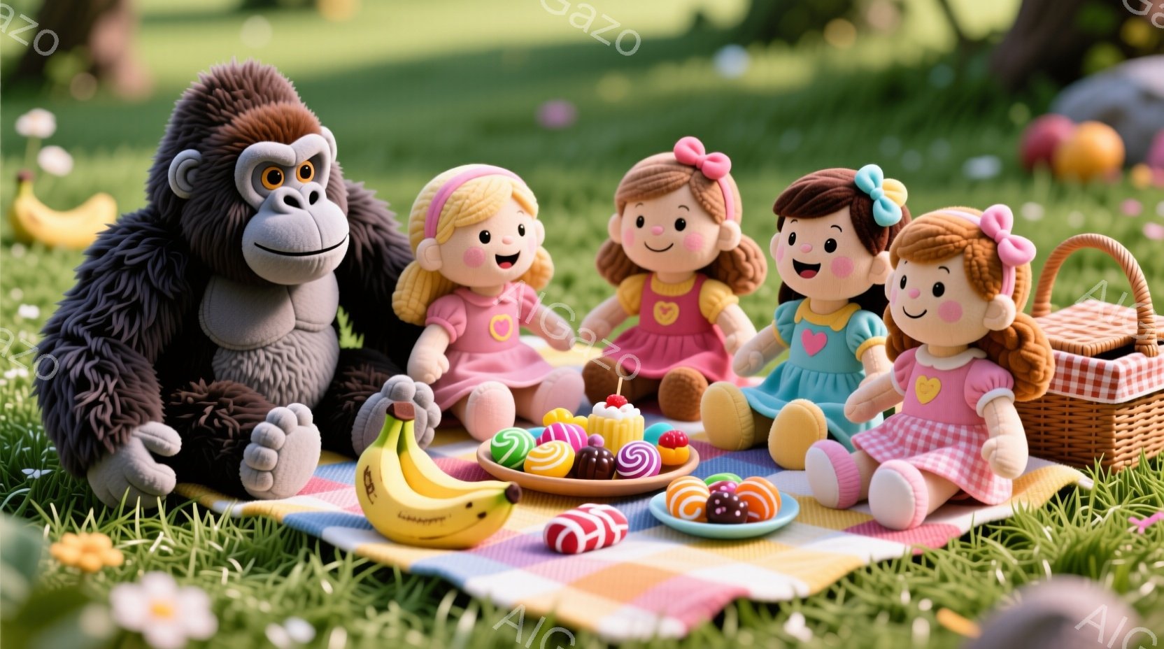 ぬいぐるみや人形たちがピクニックを楽しんでいる様子が描かれています。ゴリラの人形は左端でリラックスした表情、他の人形たちはピンクや水色の可愛らしいドレスを着て、笑顔でケーキやフルーツが並んだピクニックシートを囲んでいます。背景には緑の草原が広がり、花が咲き、温かく穏やかな春の日の雰囲気が漂っています。