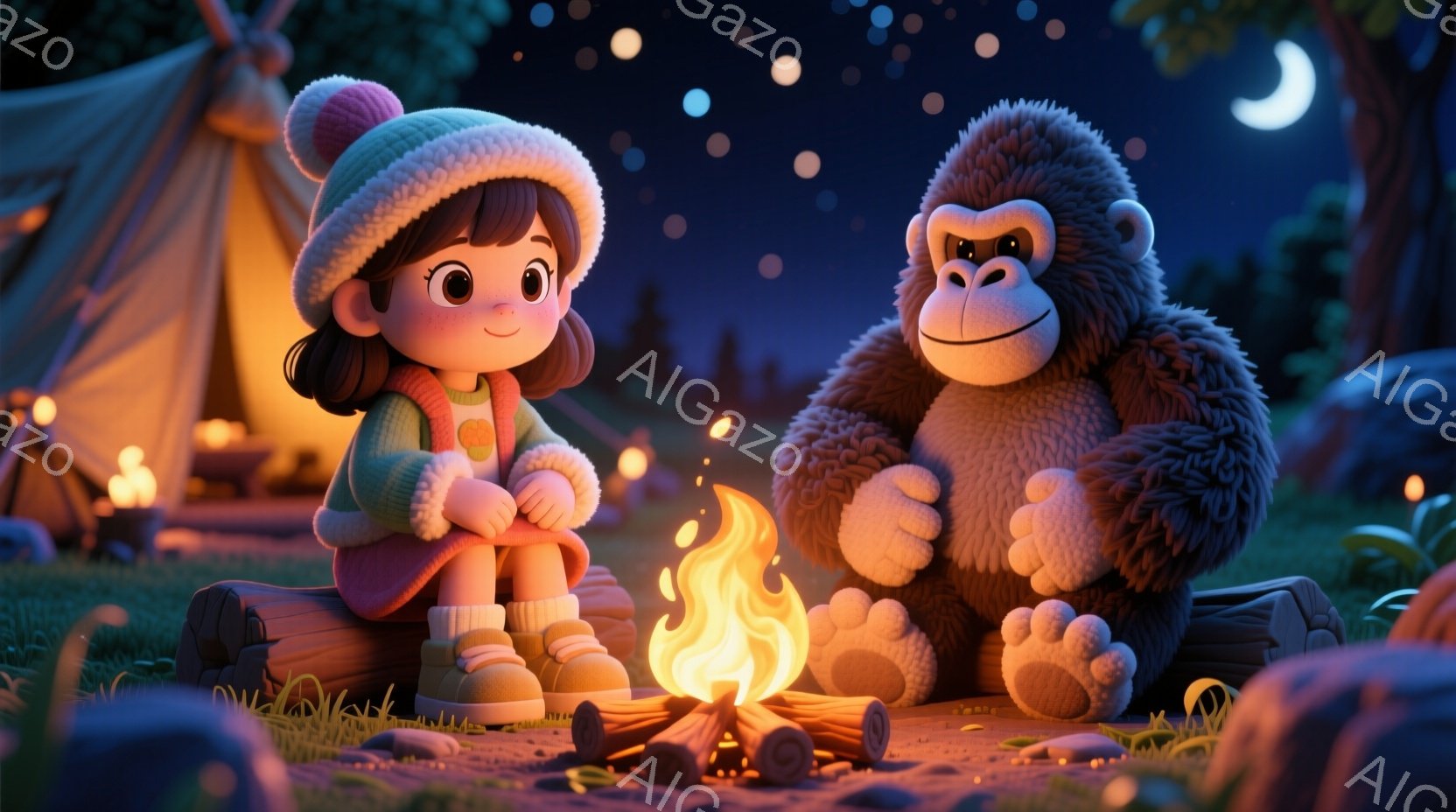 少女はピンクのセーターとベージュのズボン、そして白いニット帽をかぶり、丸太に座って暖炉を眺めています。彼女の表情は穏やかで、少し微笑んでいます。背景にはテントが設置され、夜空には月と星が輝き、暖炉の炎が暖かく幻想的な雰囲気を醸し出しています。