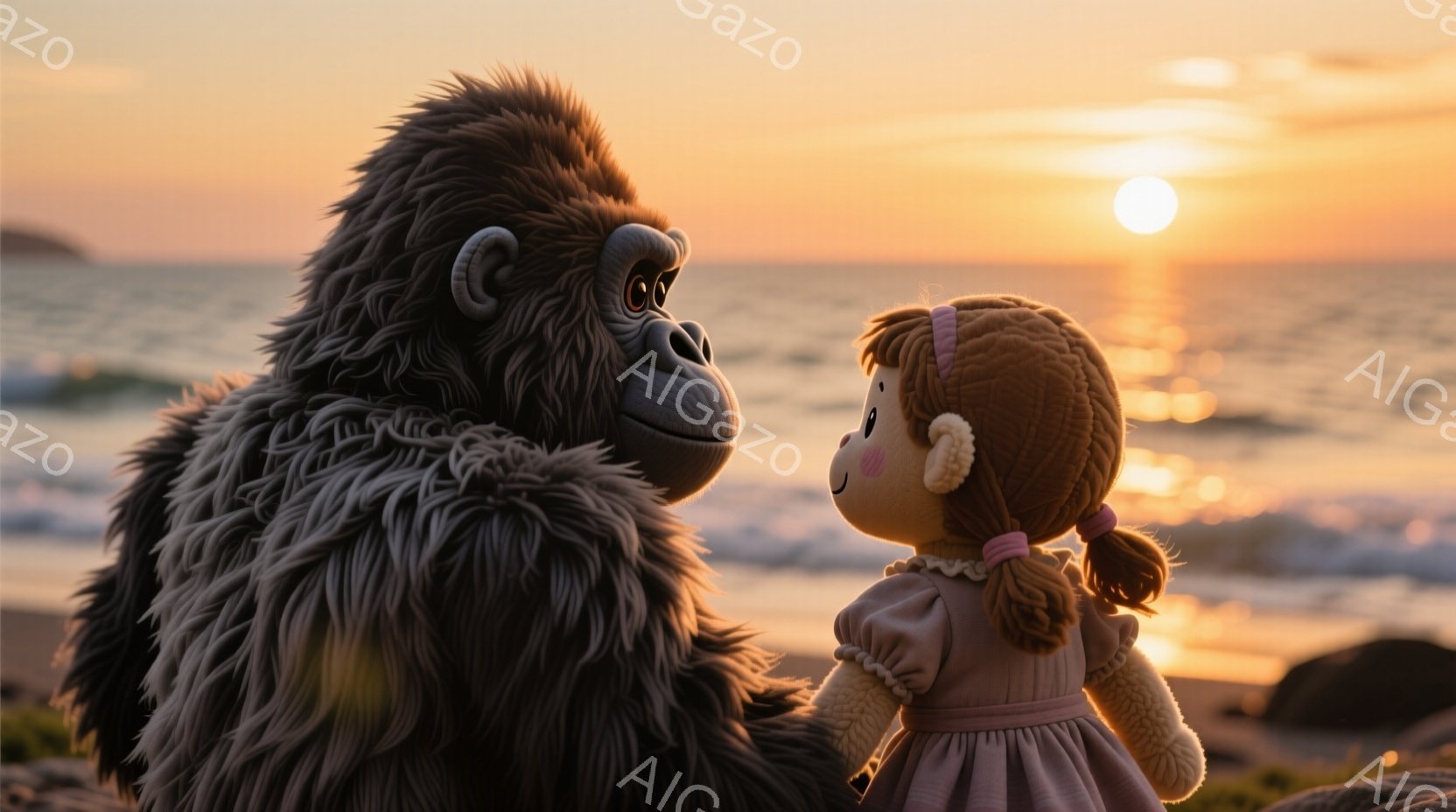大きなゴリラの着ぐるみが、茶色の髪でポニーテールにした可愛らしい人形と並んで立っています。背景は夕焼けの海岸線で、空はオレンジ色とピンク色のグラデーション、そして太陽が沈みかけています。穏やかで温かい雰囲気が漂い、着ぐるみと人形の対比が印象的です。