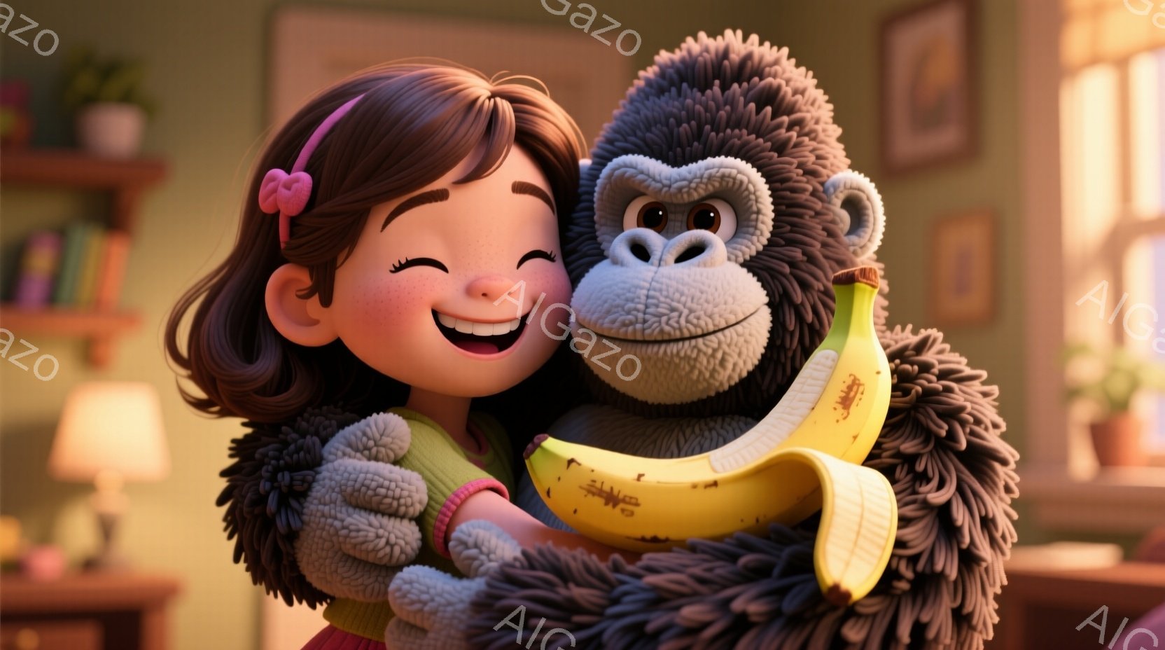 茶髪の巻き髪にピンクのリボンをつけた少女が、大きなゴリラの人形と抱き合っています。 少女は笑顔で、ゴリラは片手にバナナを持って楽しそうにしています。 背景には本棚やランプが見え、温かく心地よい家庭の雰囲気が漂っています。