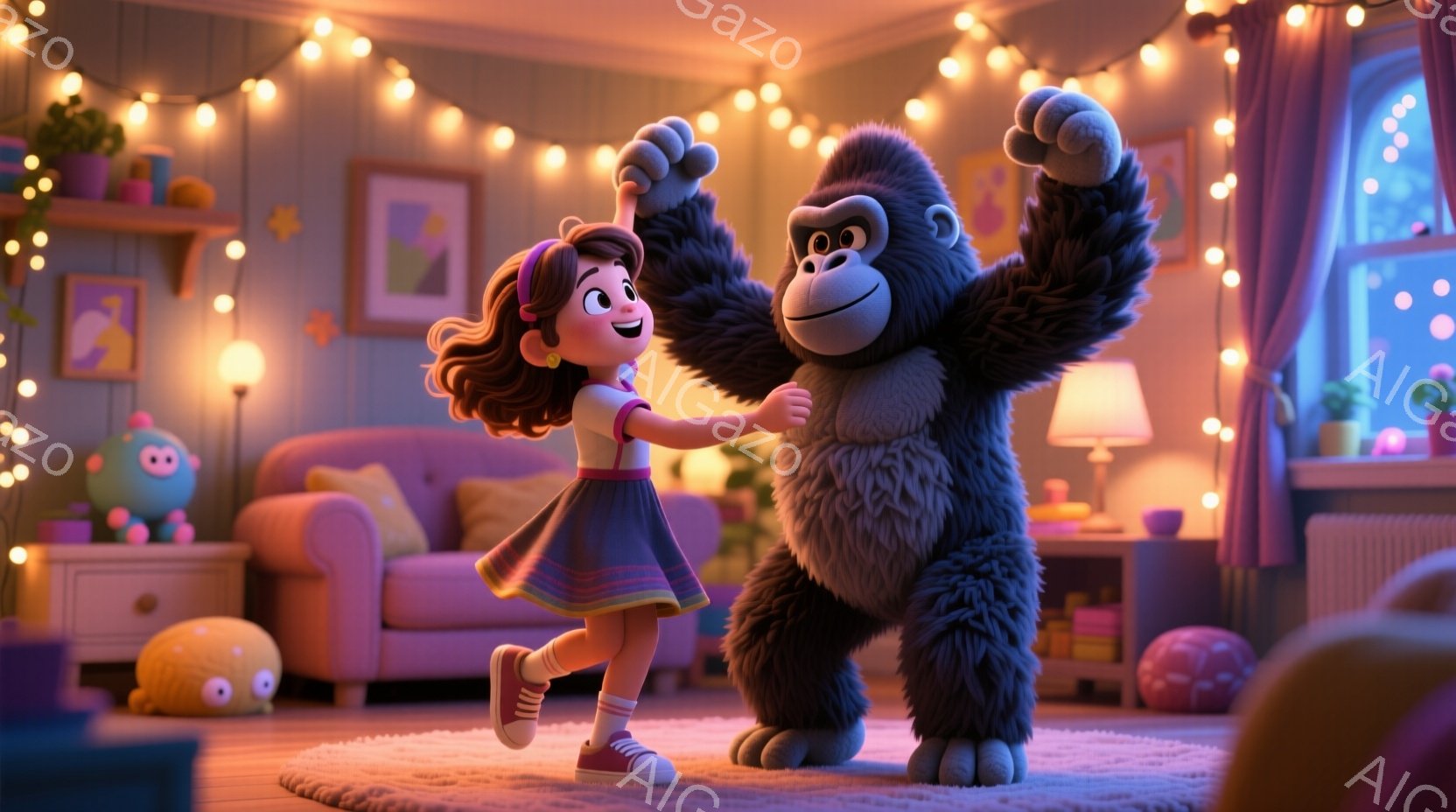赤毛の少女は、紫色のスカートとピンクのシャツを着て、赤いヘアバンドをつけています。彼女は笑顔で片足を上げて、大きなゴリラと一緒に踊っているようです。背景には、ピンクのソファ、本棚、そして点滅するライトのある居間があり、暖かく楽しい雰囲気が漂っています。