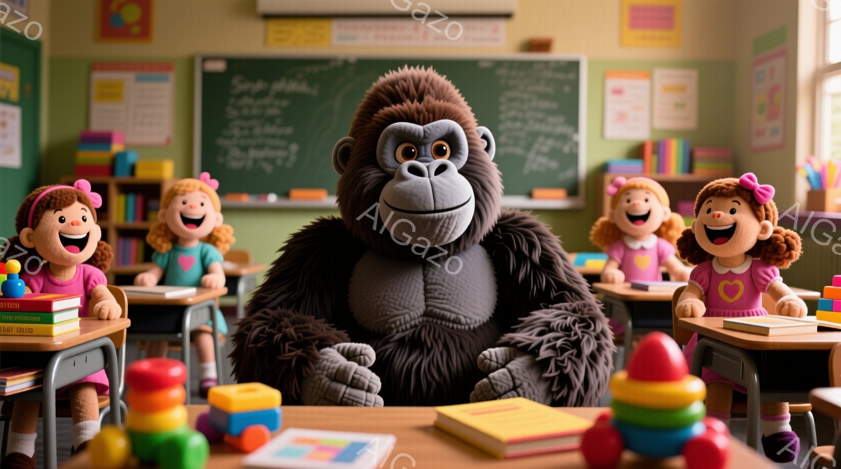 教室の前に座っているのは、毛むくじゃらのゴリラで、リラックスした表情をしています。周囲には、机に座った、ピンク色の髪とドレスを着た人形が複数配置されており、それぞれが笑顔を浮かべています。背景には、本棚やカラフルな積み木が並び、明るく陽気な教室の雰囲気が漂っています。