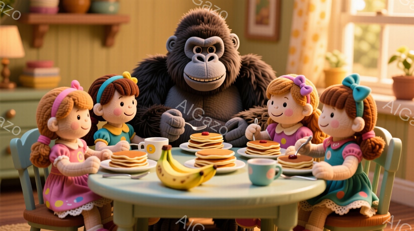 明るいダイニングルームで、赤い髪をポニーテールにした４人の少女と、大きなゴリラが円卓を囲んで朝食をとっています。少女たちはピンクやターコイズブルーのワンピースを着ており、笑顔でパンケーキを食べています。背景には木製の棚や植物が見え、暖かく、楽しい雰囲気が漂っています。