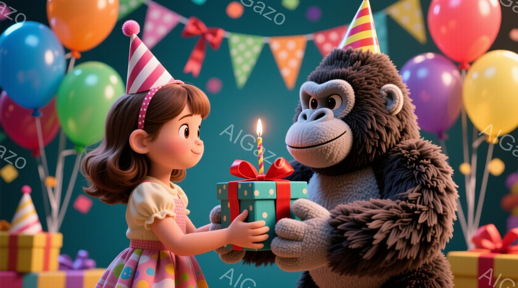 金髪の巻き毛の少女が、緑色のリボンと一本のロウソクが付いたプレゼントの箱を、大きなゴリラに渡そうとしています。少女はピンク色の水玉模様のスカートと白いオーバーオールを着ており、頭にはお祝いの帽子をかぶっています。背景には色とりどりの風船やプレゼントの箱が散りばめられ、お祝いの雰囲気が漂っています。