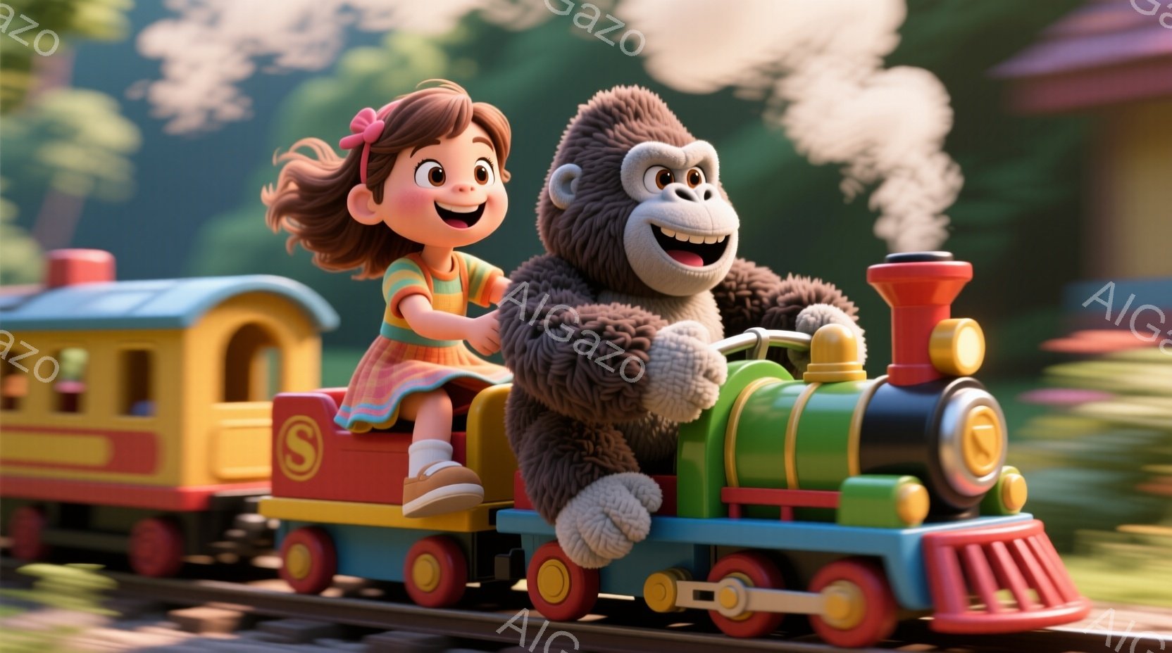 明るい色の蒸気機関車に少女とゴリラが乗っている。少女は巻き毛で赤いリボンをつけており、ピンク色のドレスを着て、嬉しそうに微笑んでいる。ゴリラは機関車の運転席に座り、大きく口を開けて楽しんでいる様子で、背景には緑豊かな自然と赤い屋根の建物が見える。