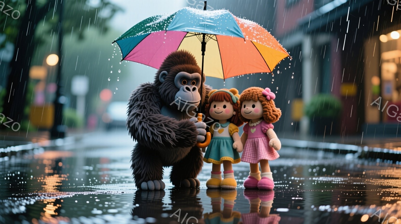 雨の日の街並みで、大きなゴリラが小さな人形を優しく守っています。ゴリラは立っており、人形はピンクのワンピースを着て、カールした赤毛の髪をしています。背景には雨に濡れた道路、ぼやけた建物、そして街灯が見え、全体的に温かく、保護的な雰囲気です。