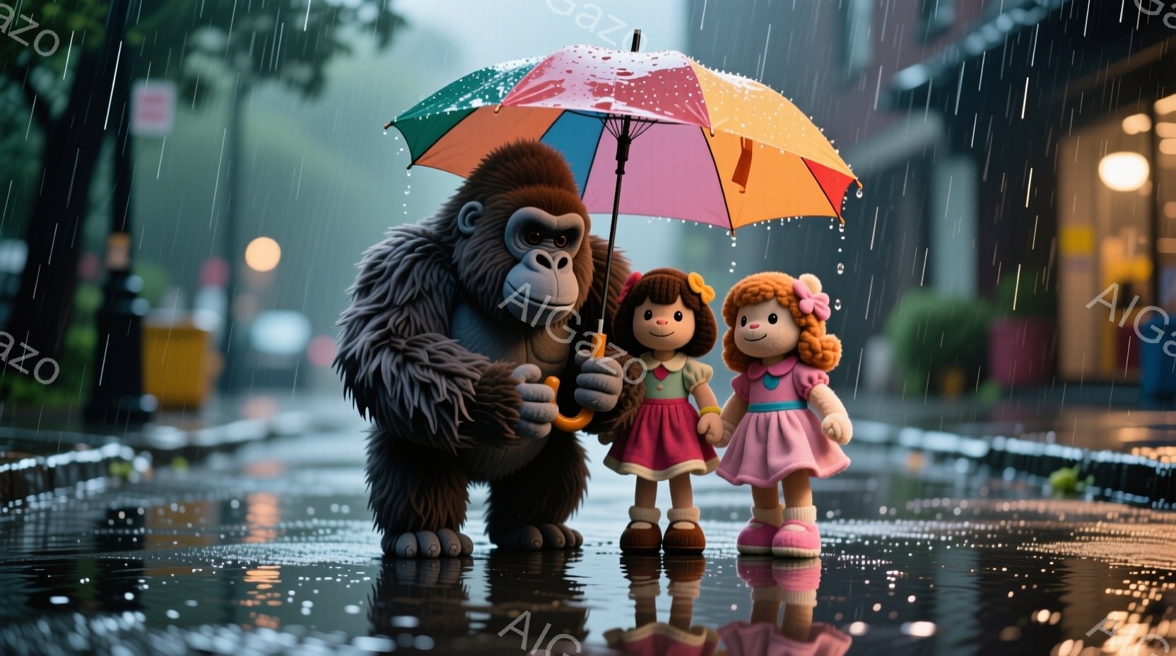 雨の夜、大きなゴリラが小さな人形を連れて歩いている様子が描かれています。ゴリラは灰色の毛並みで、人形はピンクと白の可愛らしいワンピースを着て、茶色の髪をしています。背景は雨で濡れた道路と、ぼやけた街灯や建物、そして雨粒が降り注ぐ暗い空が広がっており、少し物悲しい雰囲気を醸し出しています。