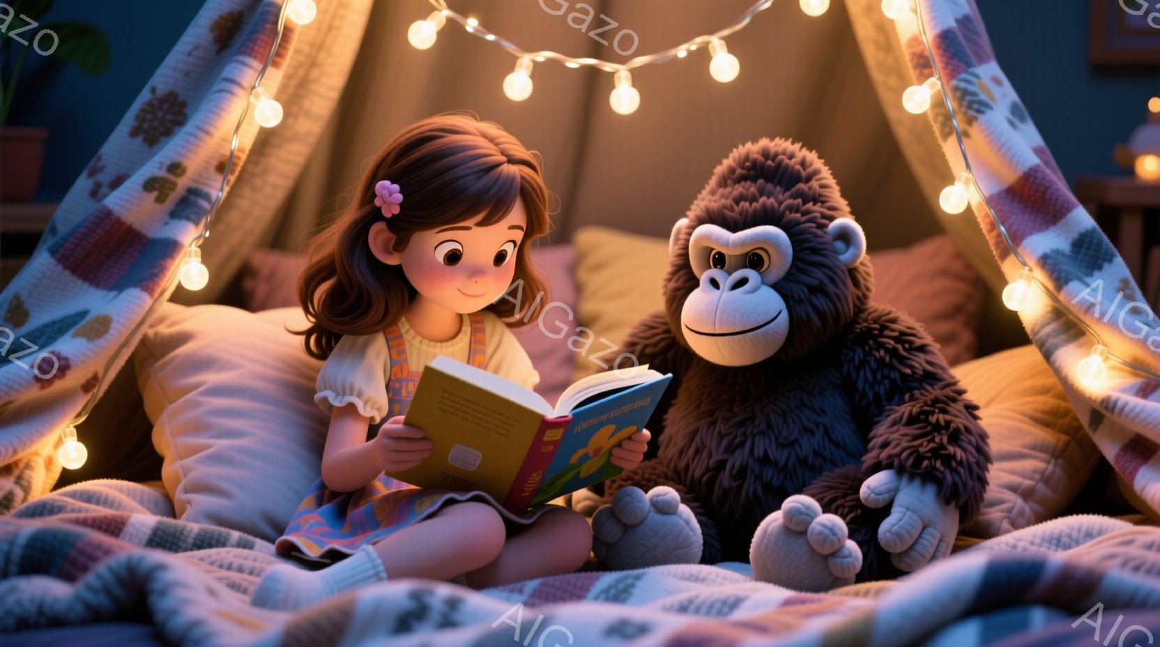 茶髪の少女が、ひざの上で絵本を開いて読んでいる。彼女はピンク色の服を着ており、髪はリボンで結ばれている。背景には、カラフルな柄の布でできた小さなテントと、光る電球のガーランドがあり、暖かく居心地の良い雰囲気を醸し出している。