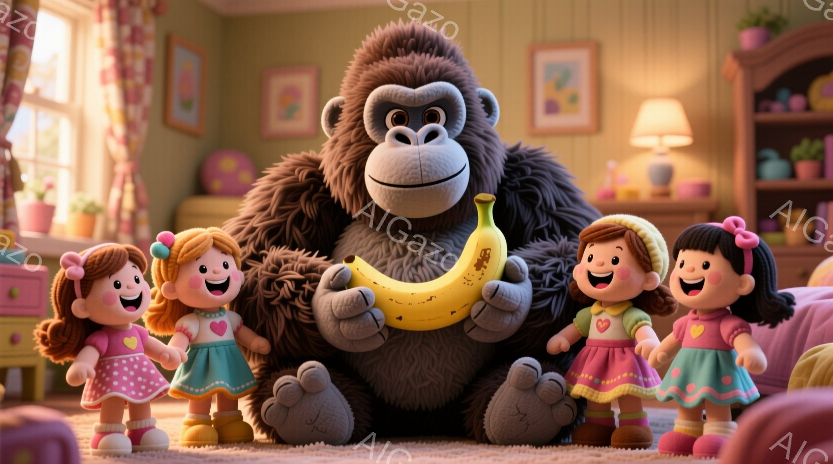 大きなゴリラが中央に座り、黄色いバナナを手に持っています。周りには、ピンクや水色のドレスを着た、巻き毛の女の子たちが笑顔で取り囲んでいます。背景はリビングルームで、絵や植物が飾られた暖かく居心地の良い雰囲気です。
