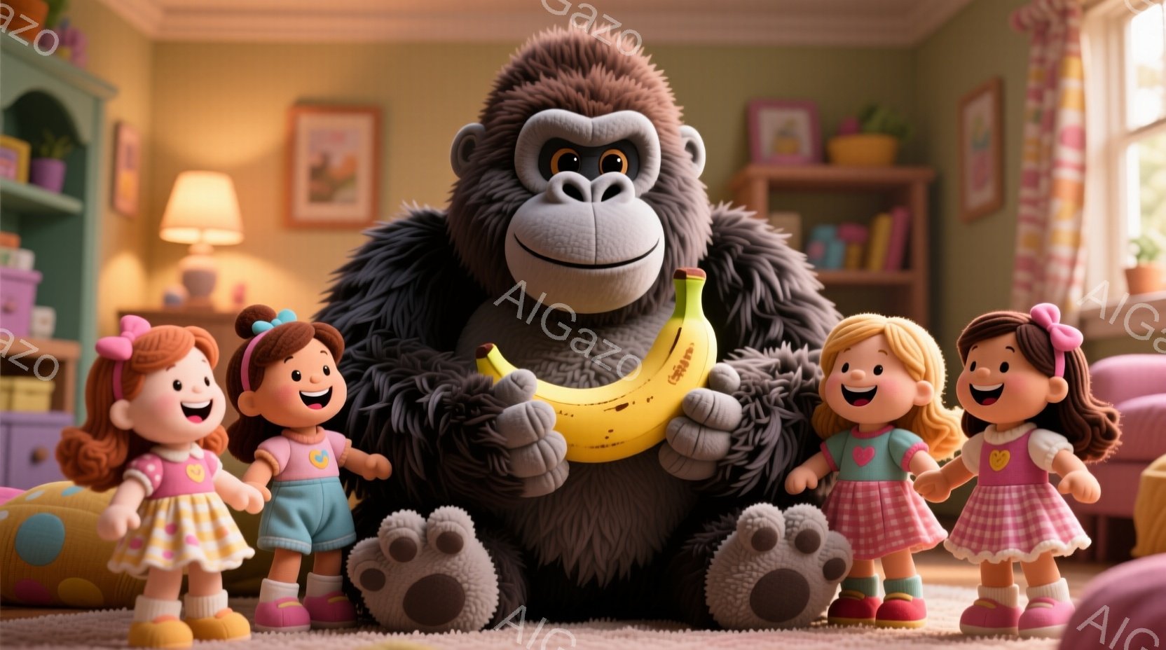 明るいリビングルームで、大きなゴリラがバナナを手に座っており、その周りには可愛らしい女の子たちが並んでいます。女の子たちは皆、ピンクと白のストライプのワンピースに身を包み、髪は茶色でカールしており、笑顔でゴリラを見上げています。背景には本棚や植物が見え、暖かく幸せな家庭の雰囲気が漂っています。
